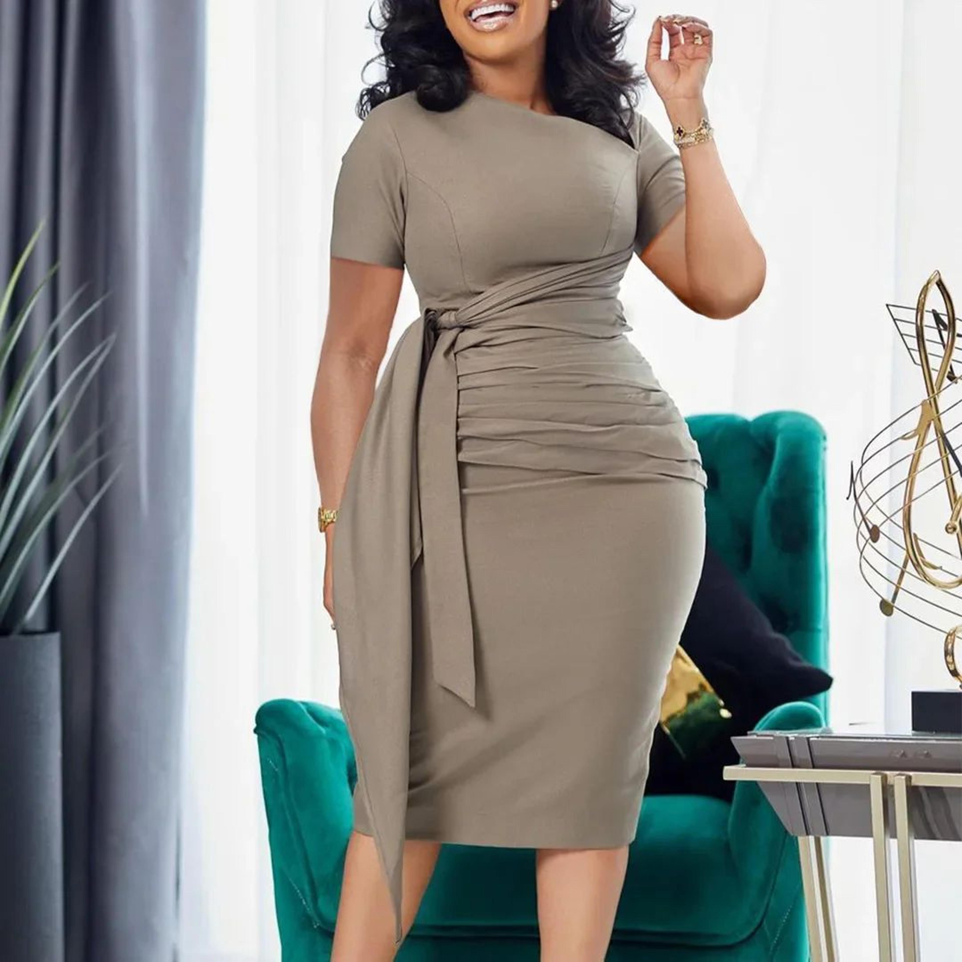 womens elegant pencil midi dress, short sleeve cocktail party dress with belt