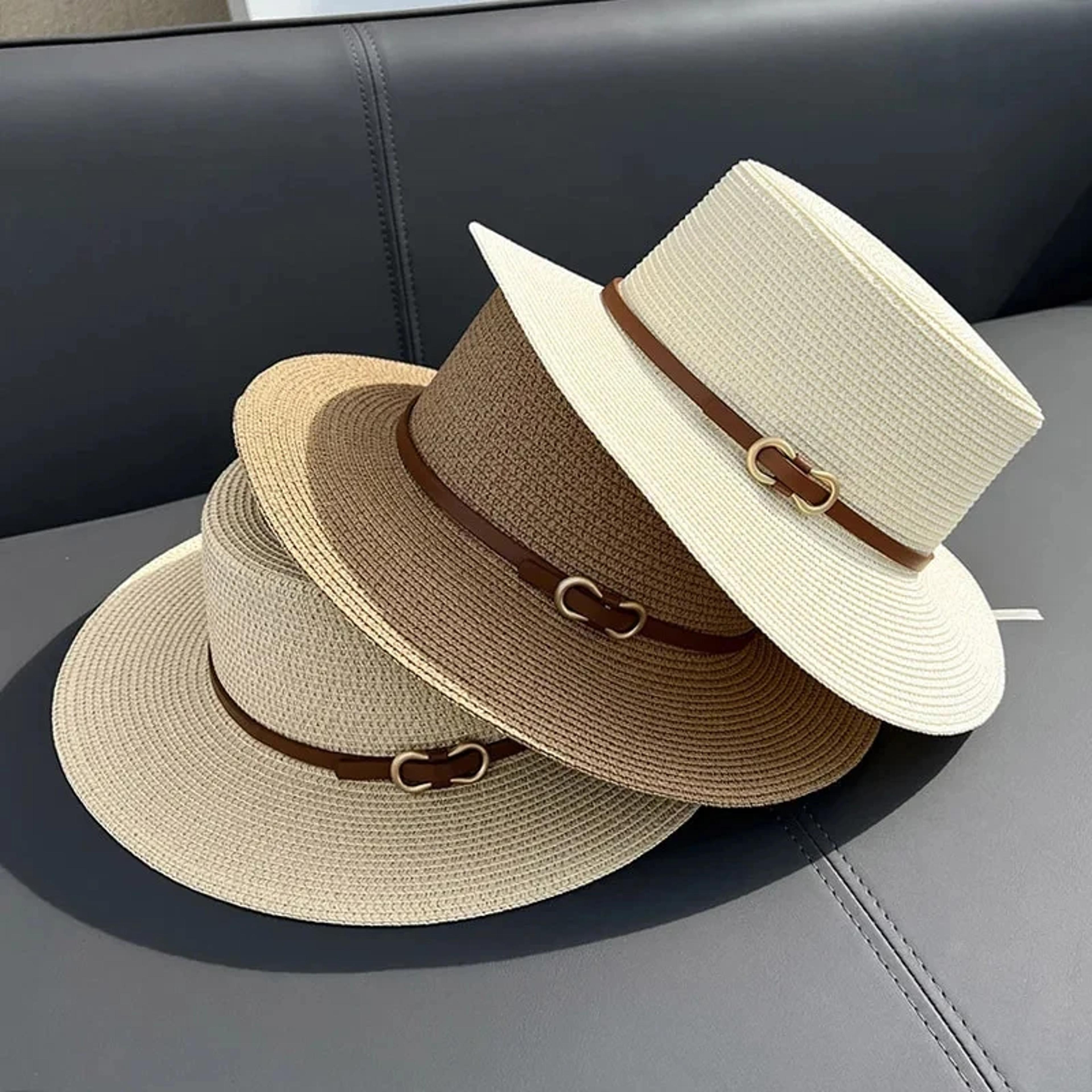 Womens Straw Beach Hat With Bow Flat Brim Panama Sun Hat 0