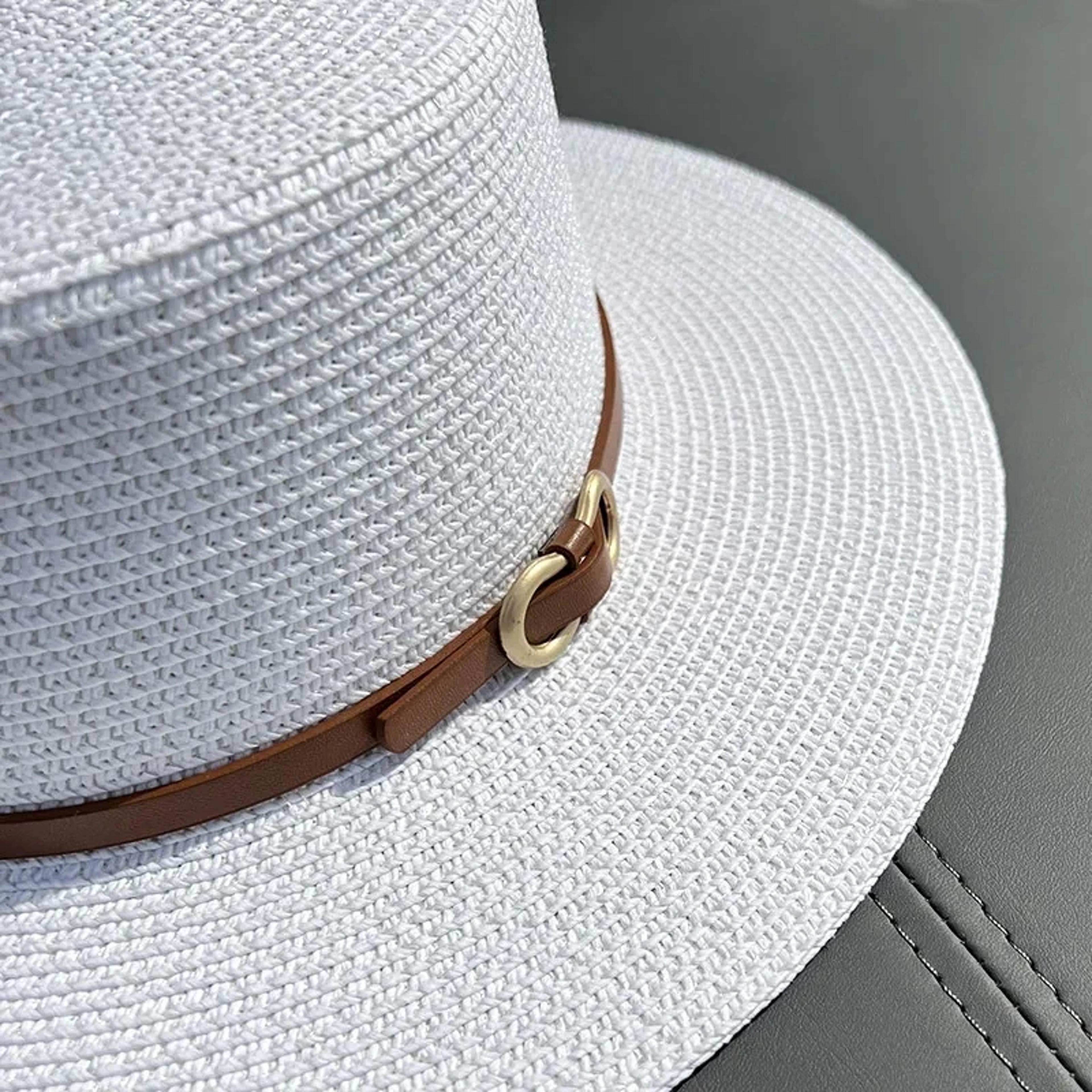 Womens Straw Beach Hat With Bow Flat Brim Panama Sun Hat 4