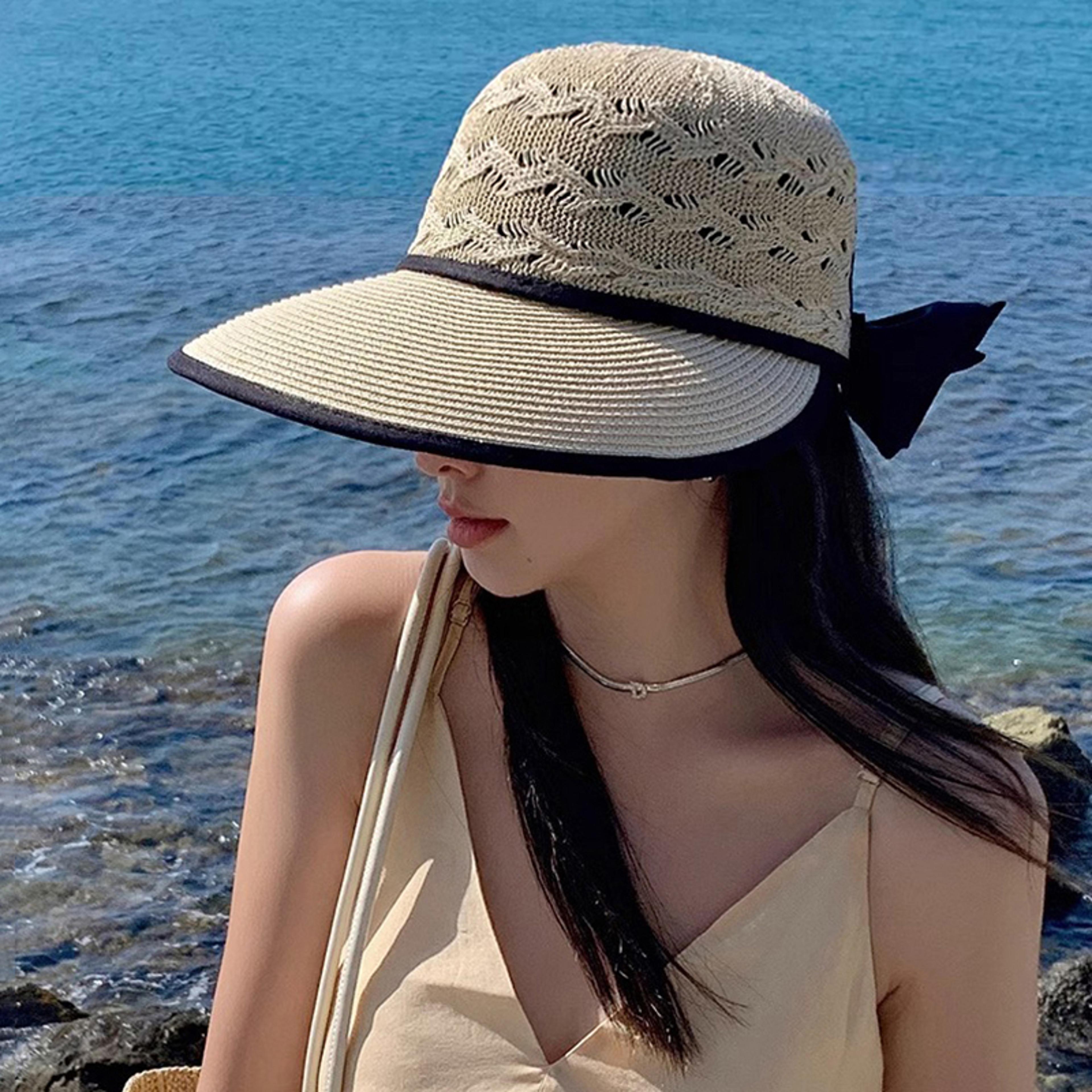 wide brim bowknot straw sun hat with ribbon for women and girls