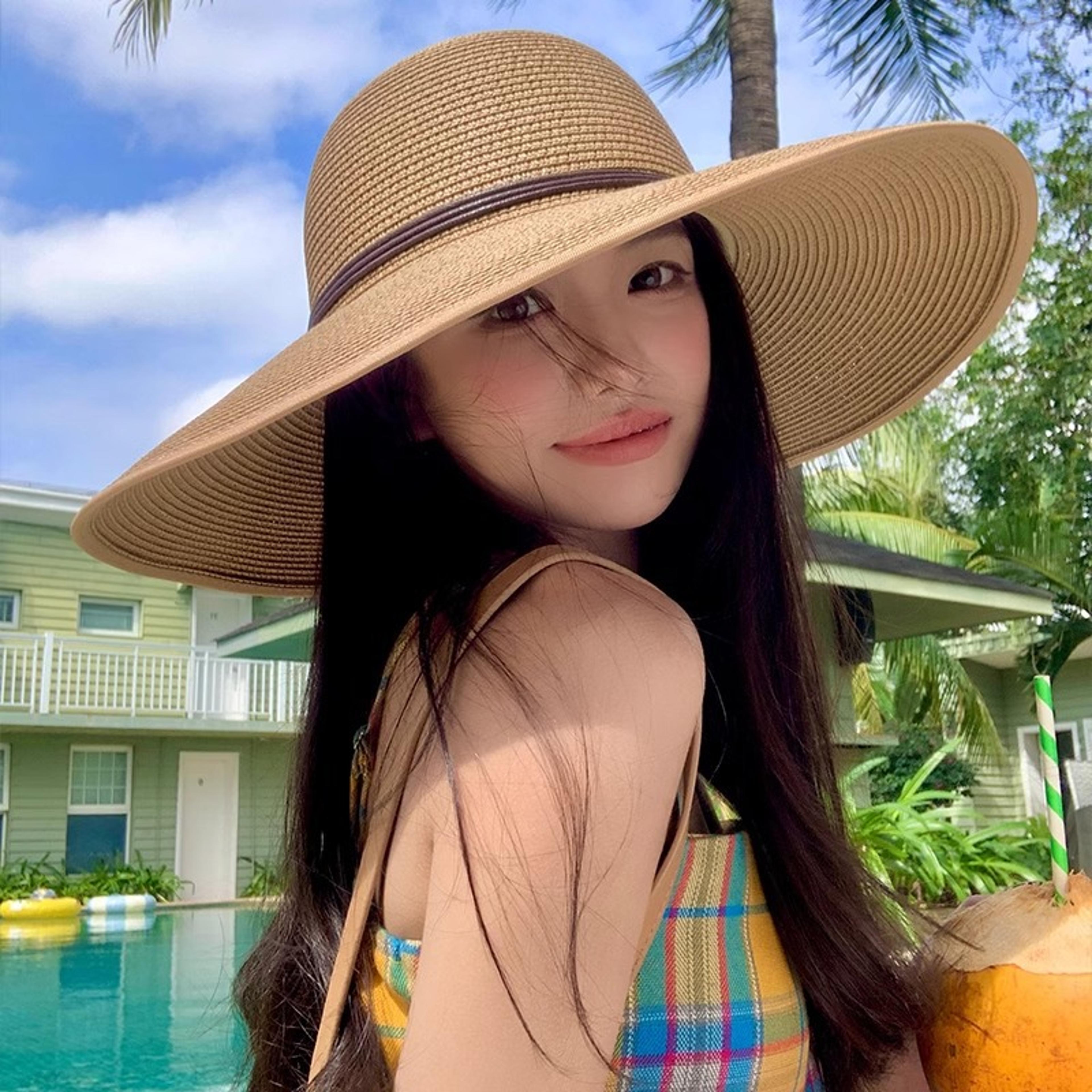 womens wide brim straw sun hat with belt strap uv beach panama hat