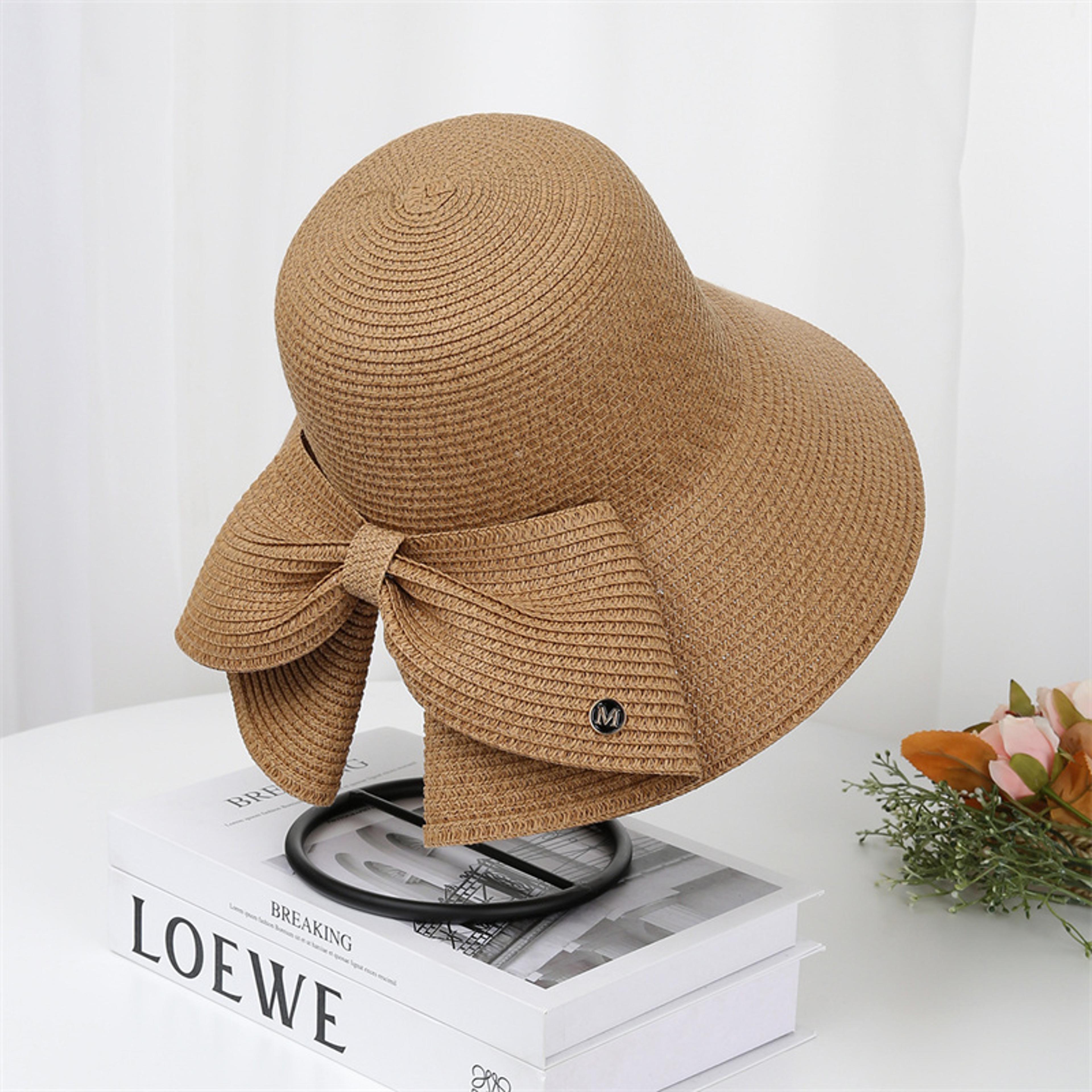 Women Ribbon Bow Straw Beach Sun Hat 2