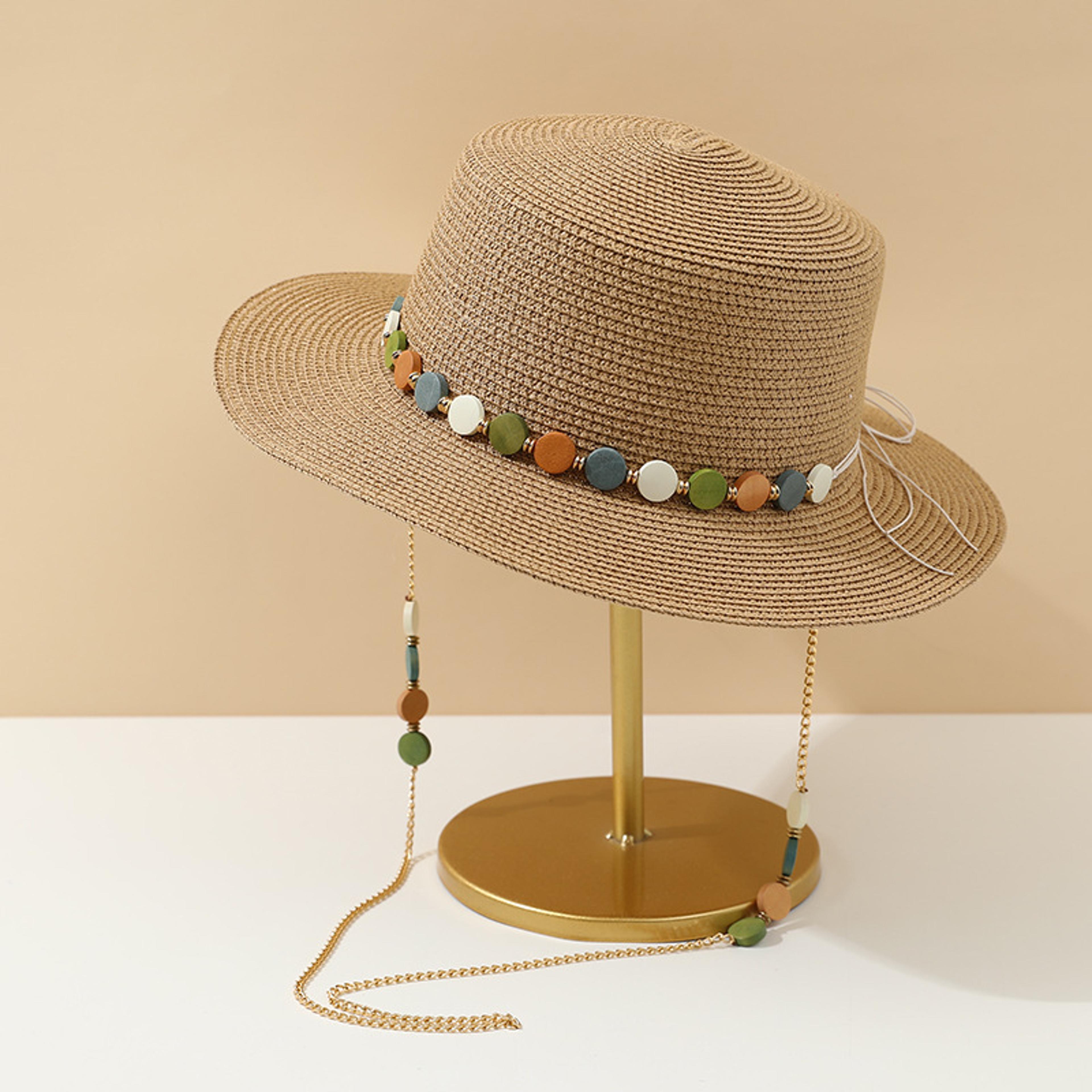 Colorful Stone Chain Flat Brim Straw Hat For Women 5