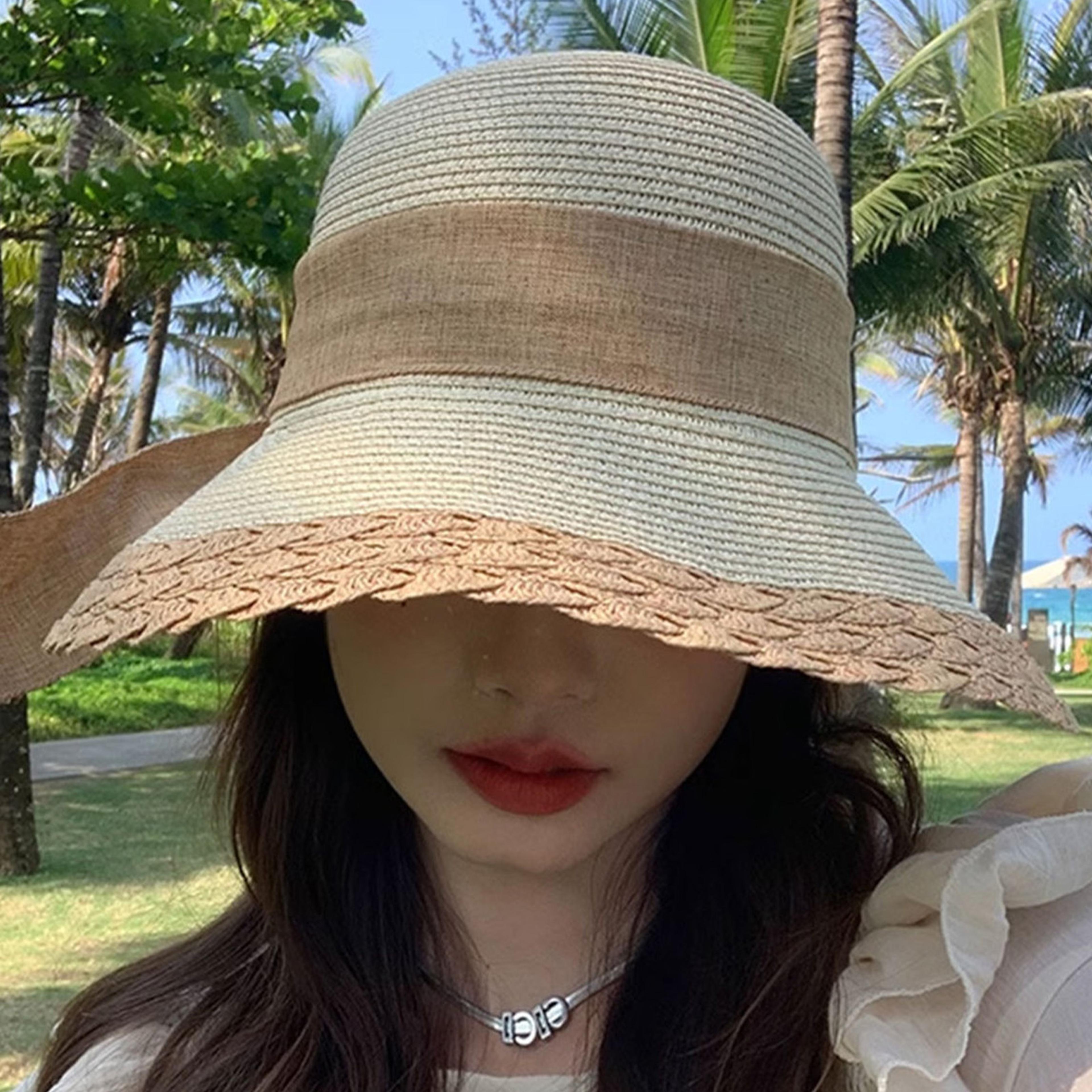 Women Wide Brim Straw Hat With Lace Edge Bowknot Beach Sun Cap 2
