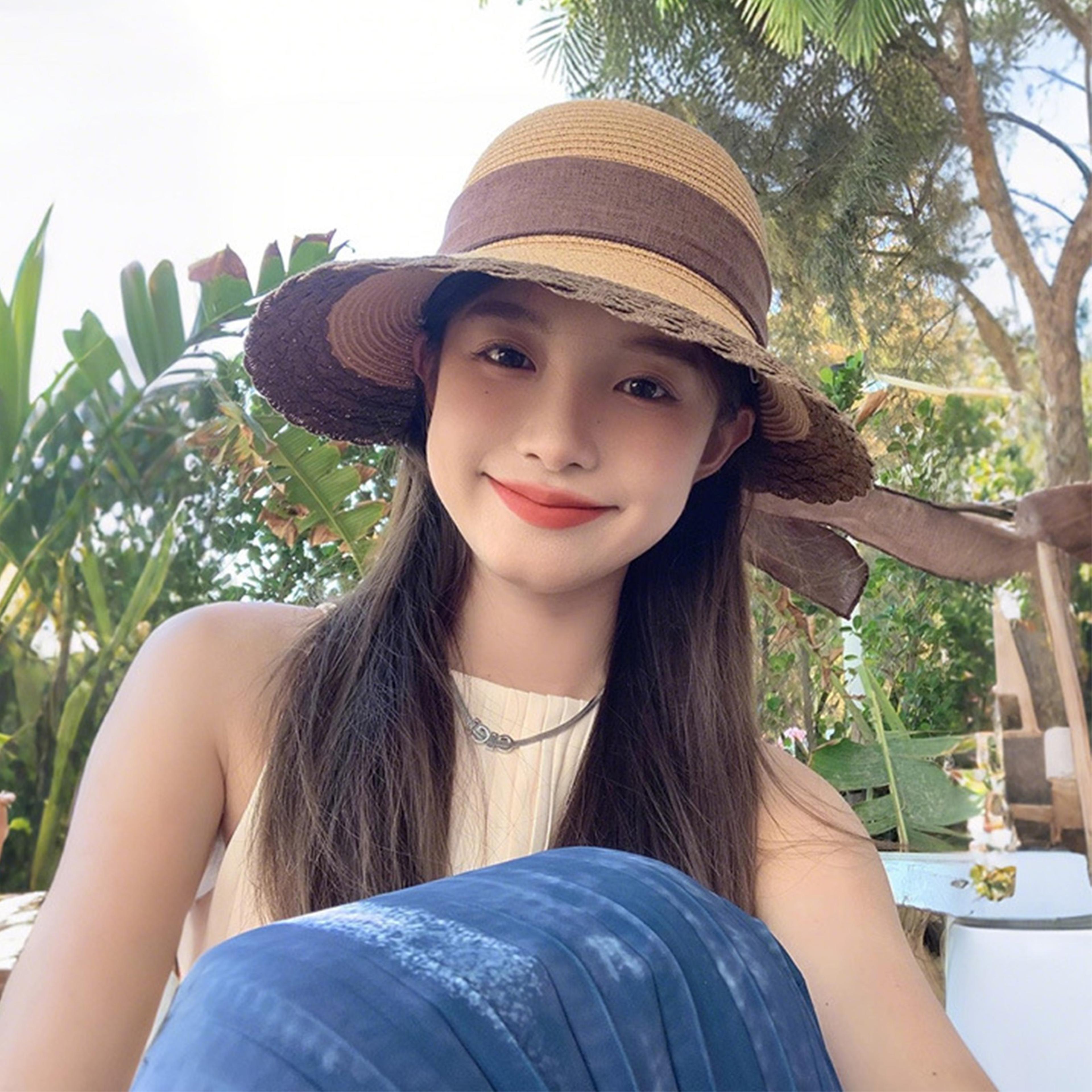 Women Wide Brim Straw Hat With Lace Edge Bowknot Beach Sun Cap 3