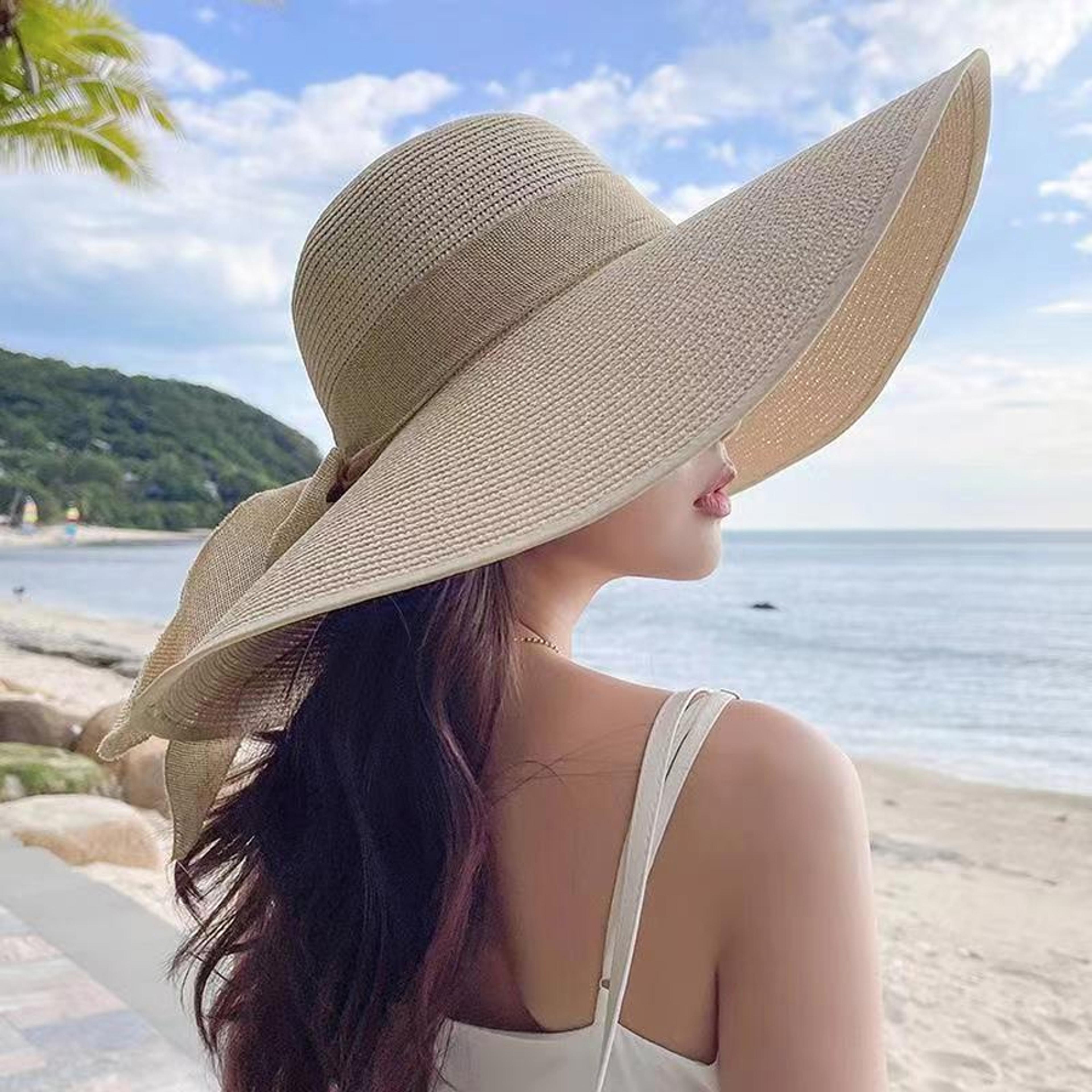 Womens Foldable Wide Brim Straw Sun Hat With Bow For UV Protection 7