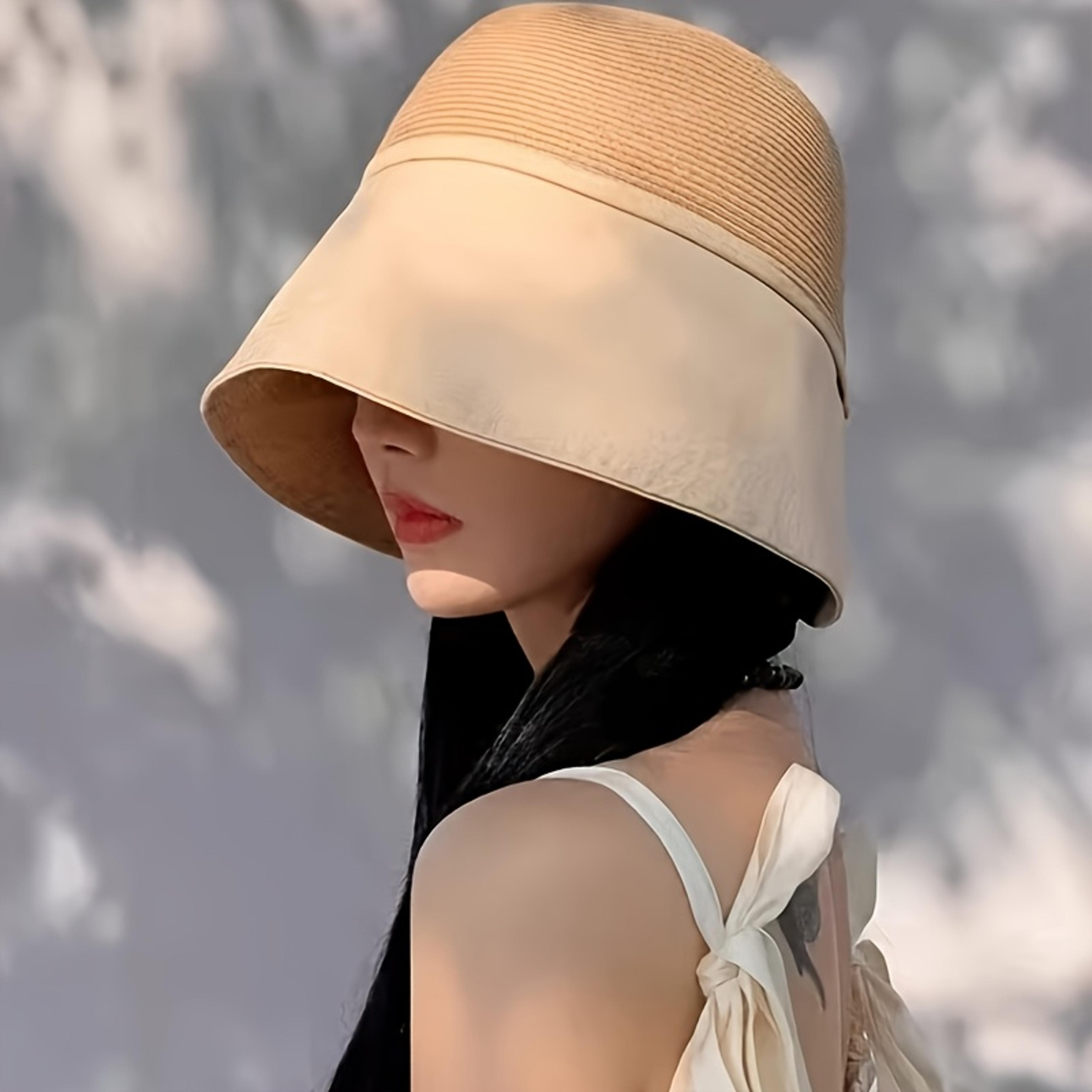 Womens Patchwork Straw Wide Brim Sun Hat With Pocket Scarf Face Cover 2