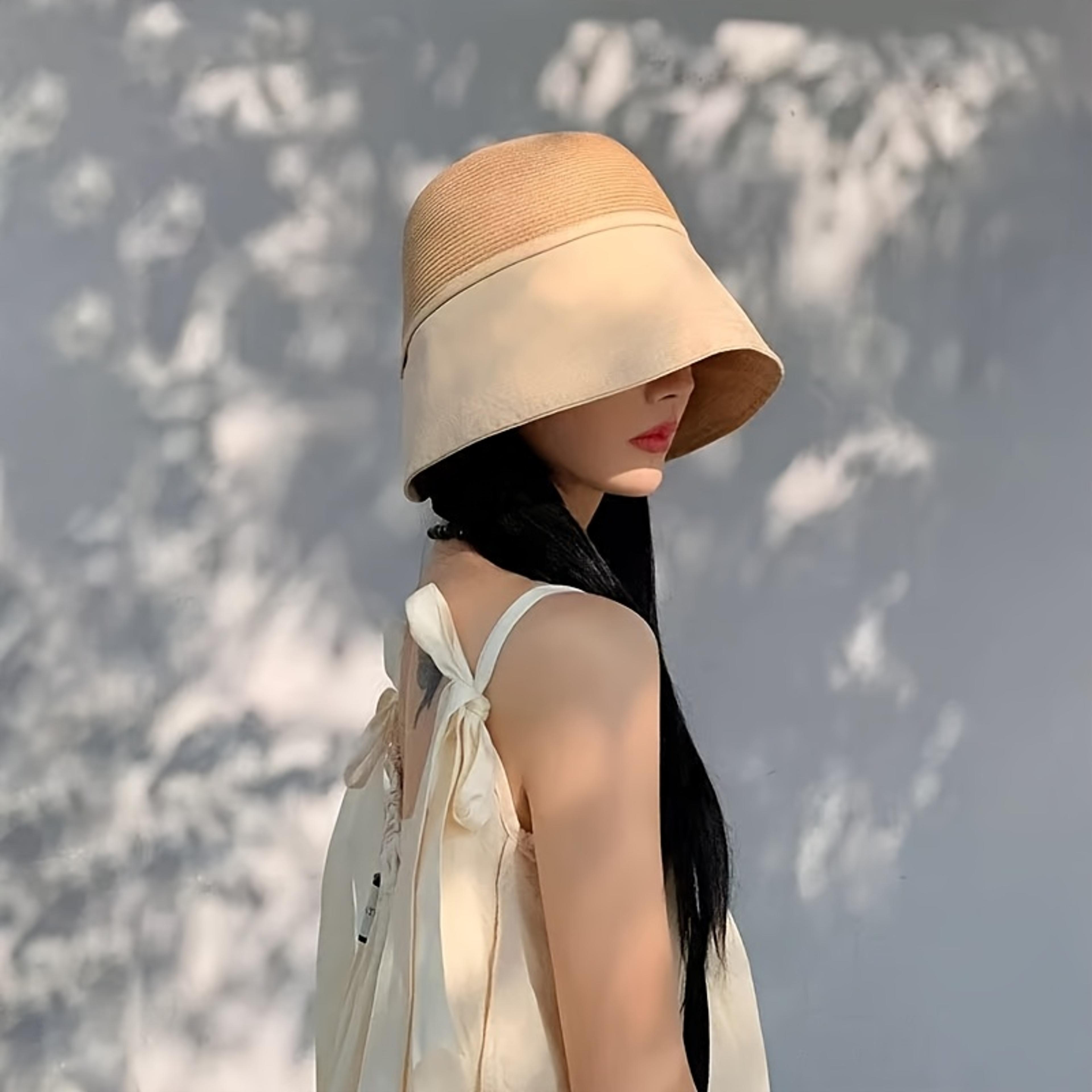 Womens Patchwork Straw Wide Brim Sun Hat With Pocket Scarf Face Cover 4