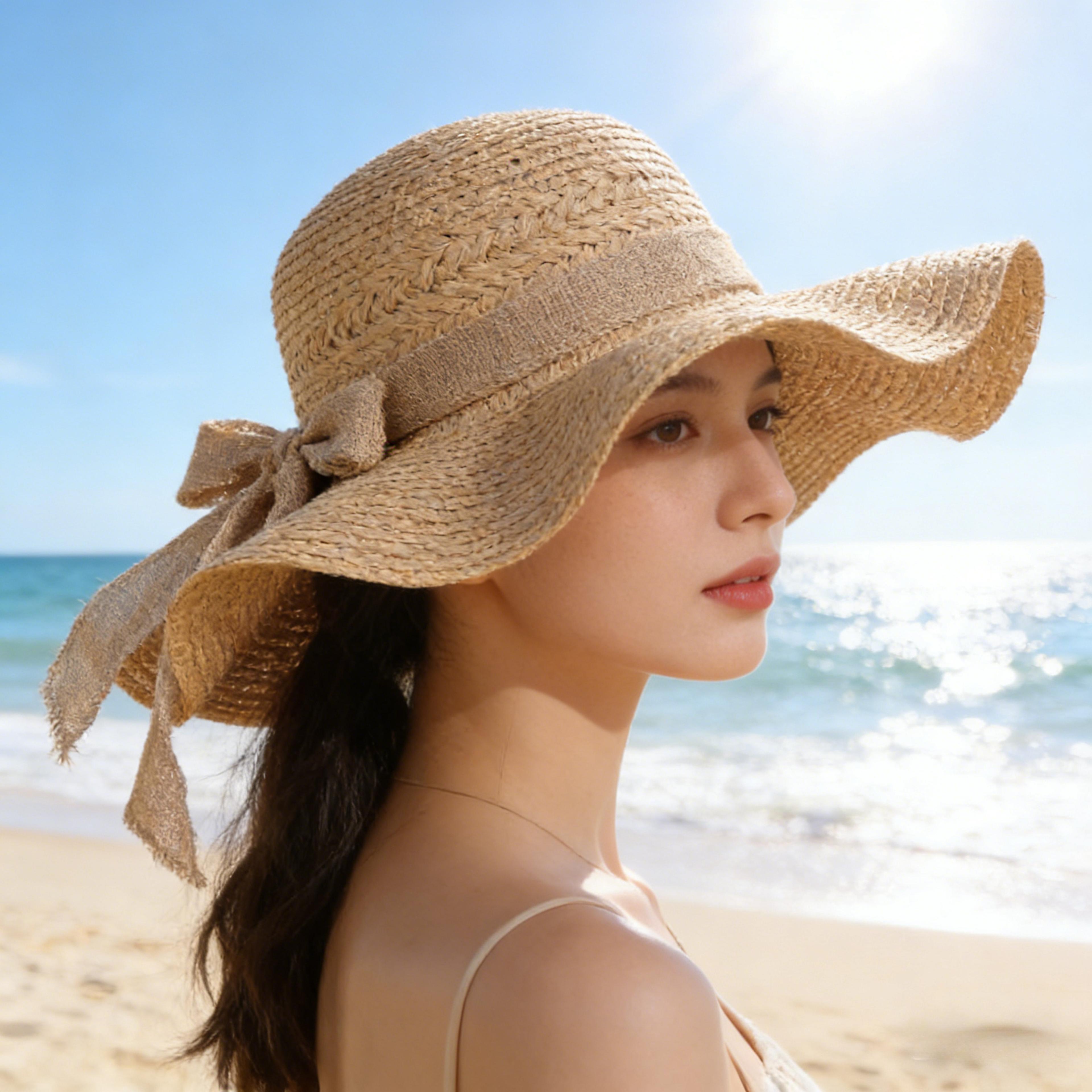 women bow beach hat oversized straw wide brim sun hat