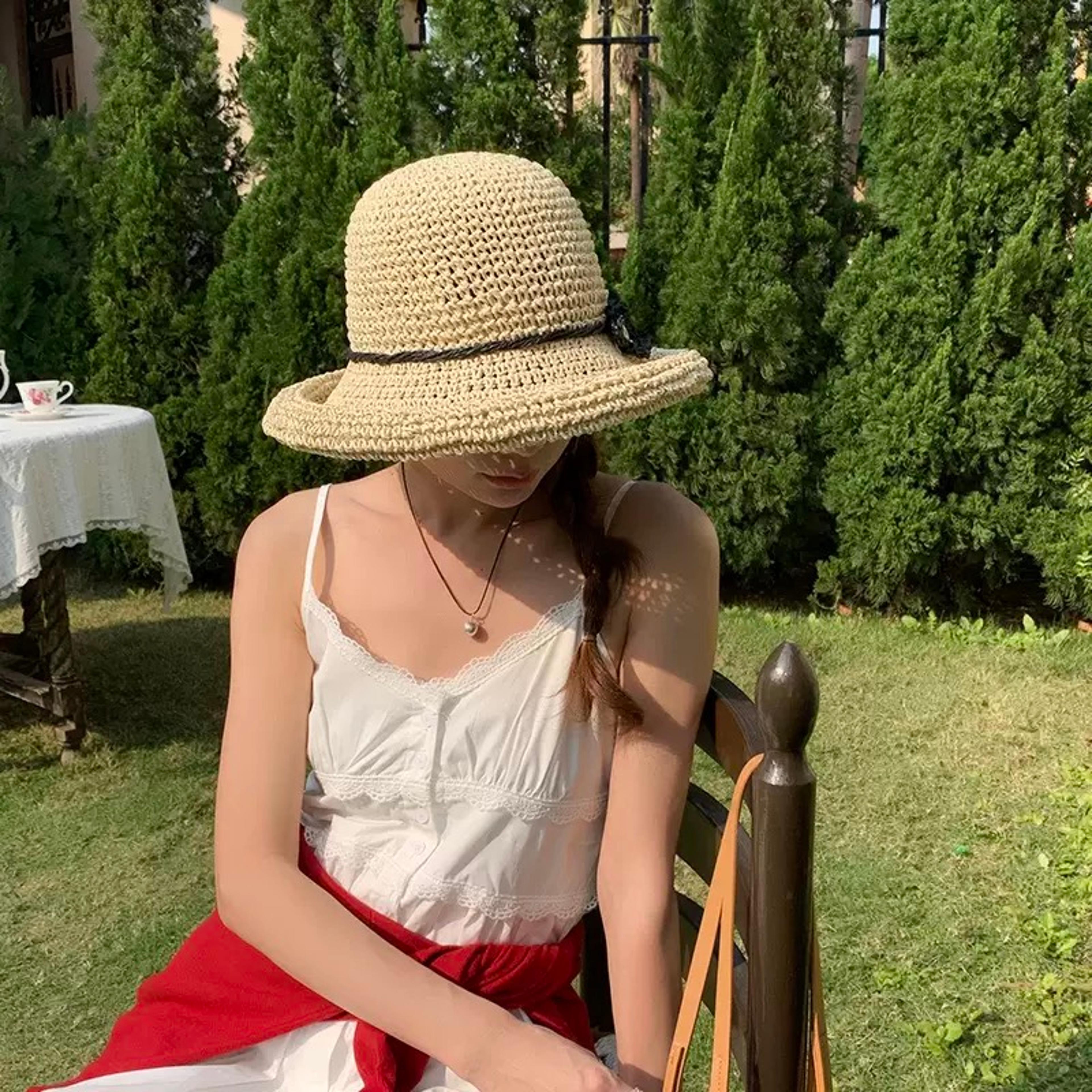 Korean Style Foldable Straw Hat Womens Sun Protection Packable Breathable Sun Hat 1