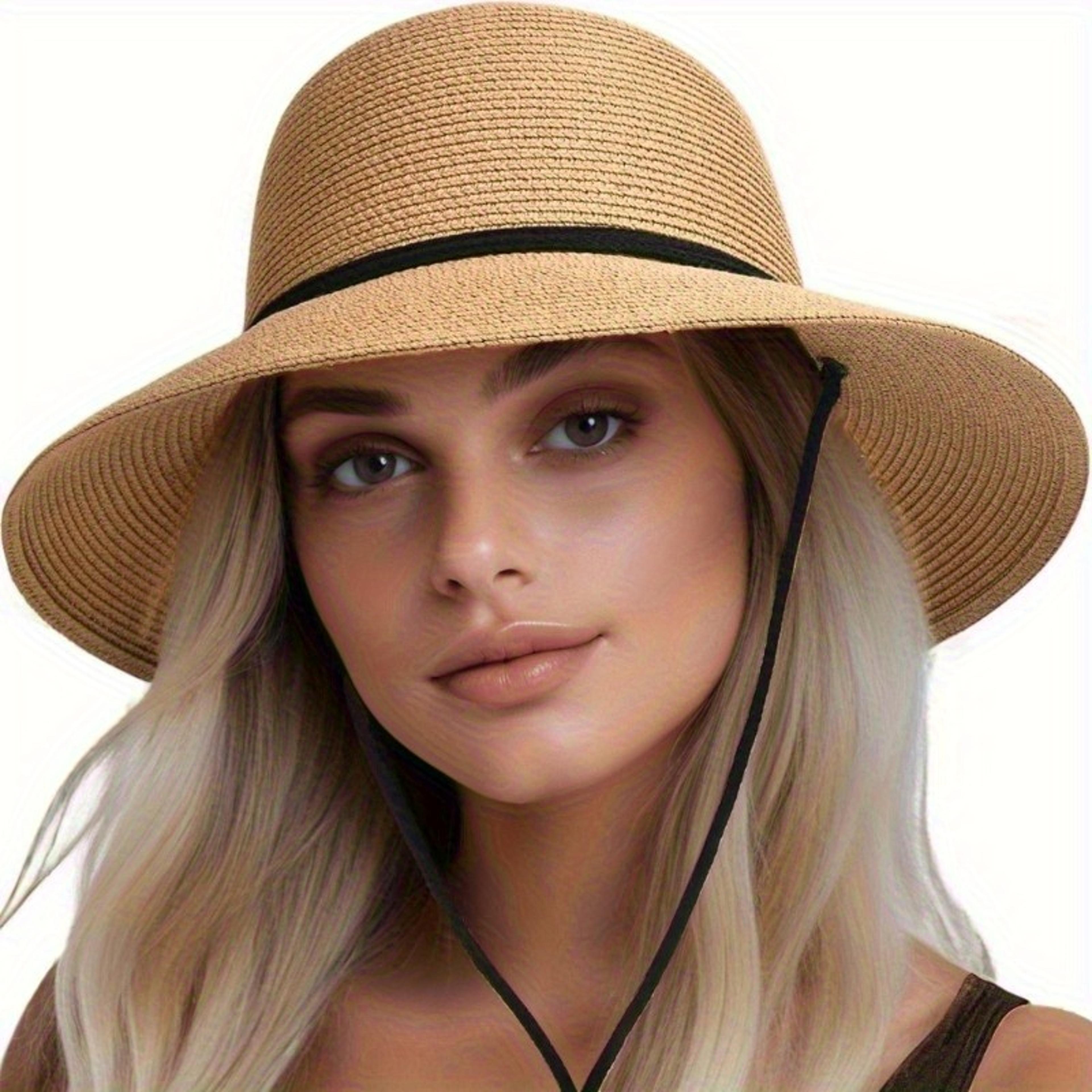 Women Wide Brim Straw Sun Hat With Belt Strap  Panama Beach Travel Hat 1