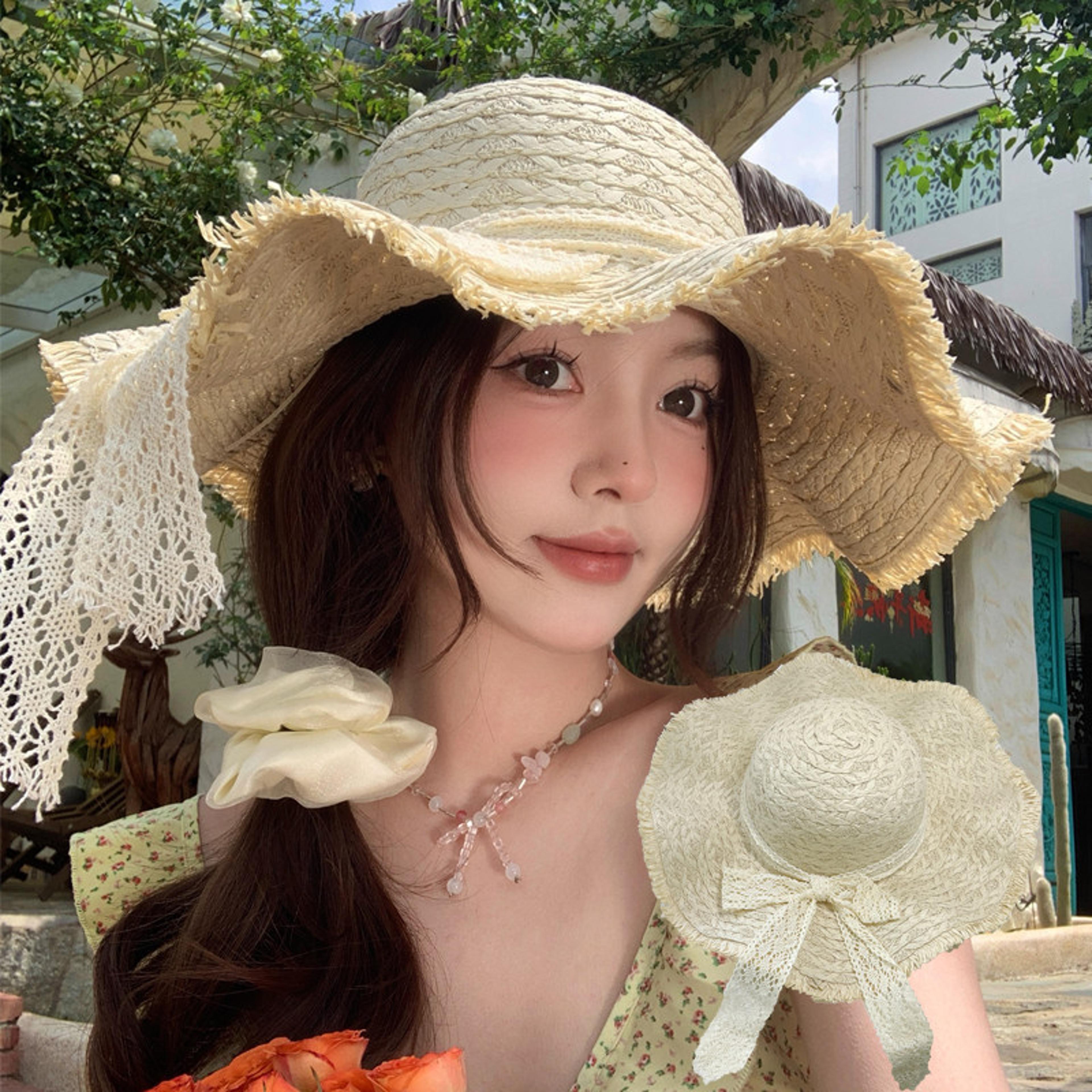 Silk Decor Large Brim Womens Straw Sun Hat  Beach Vacation UV Protection Wide Brim Hat 6