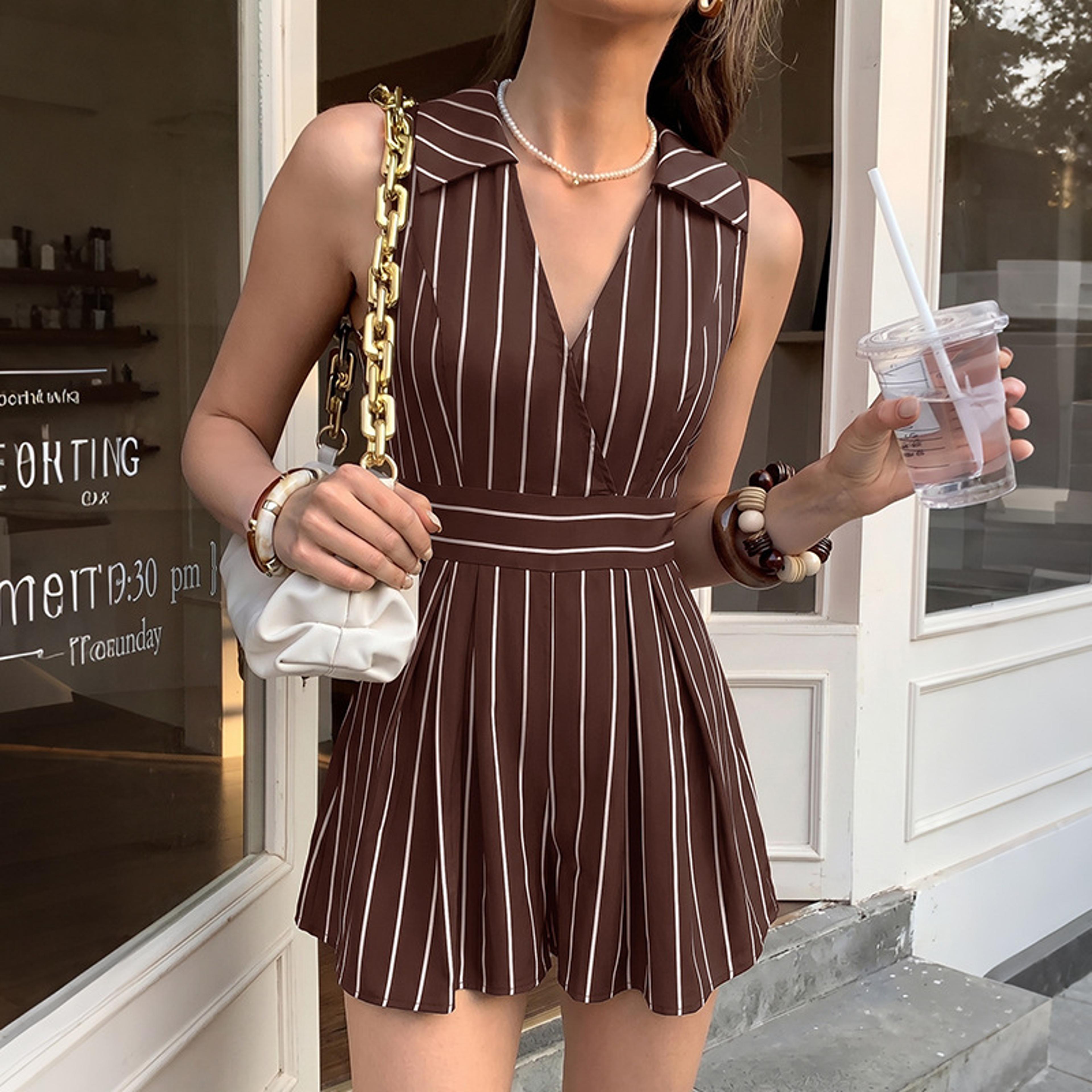 Women Striped V Neck Collared Romper Jumpsuit High Waist Summer Vacation Outfit 1