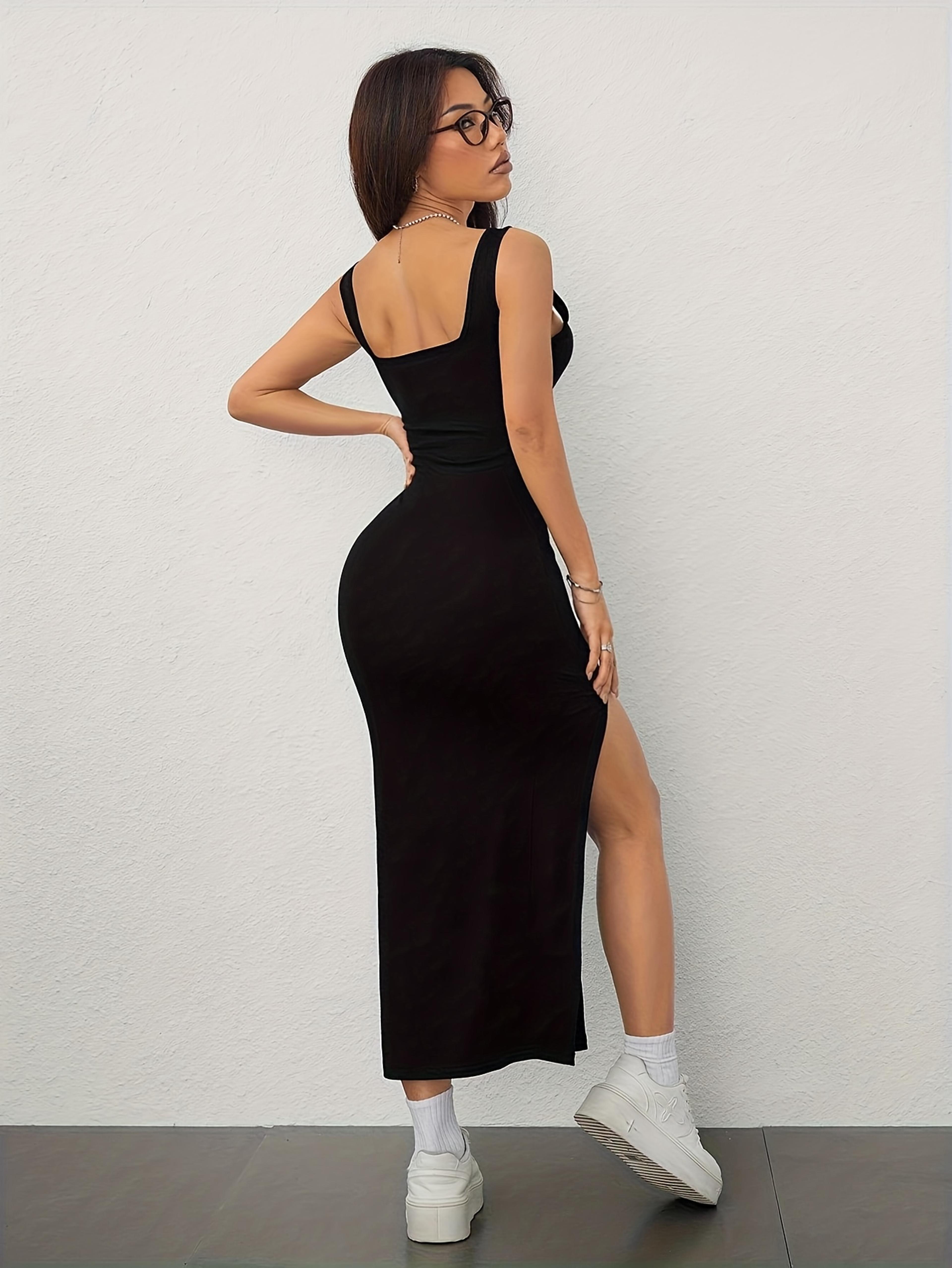 Womens OffShoulder Square Neck Backless Split Midi Dress Elegant Summer Bodycon Strappy Dress 1