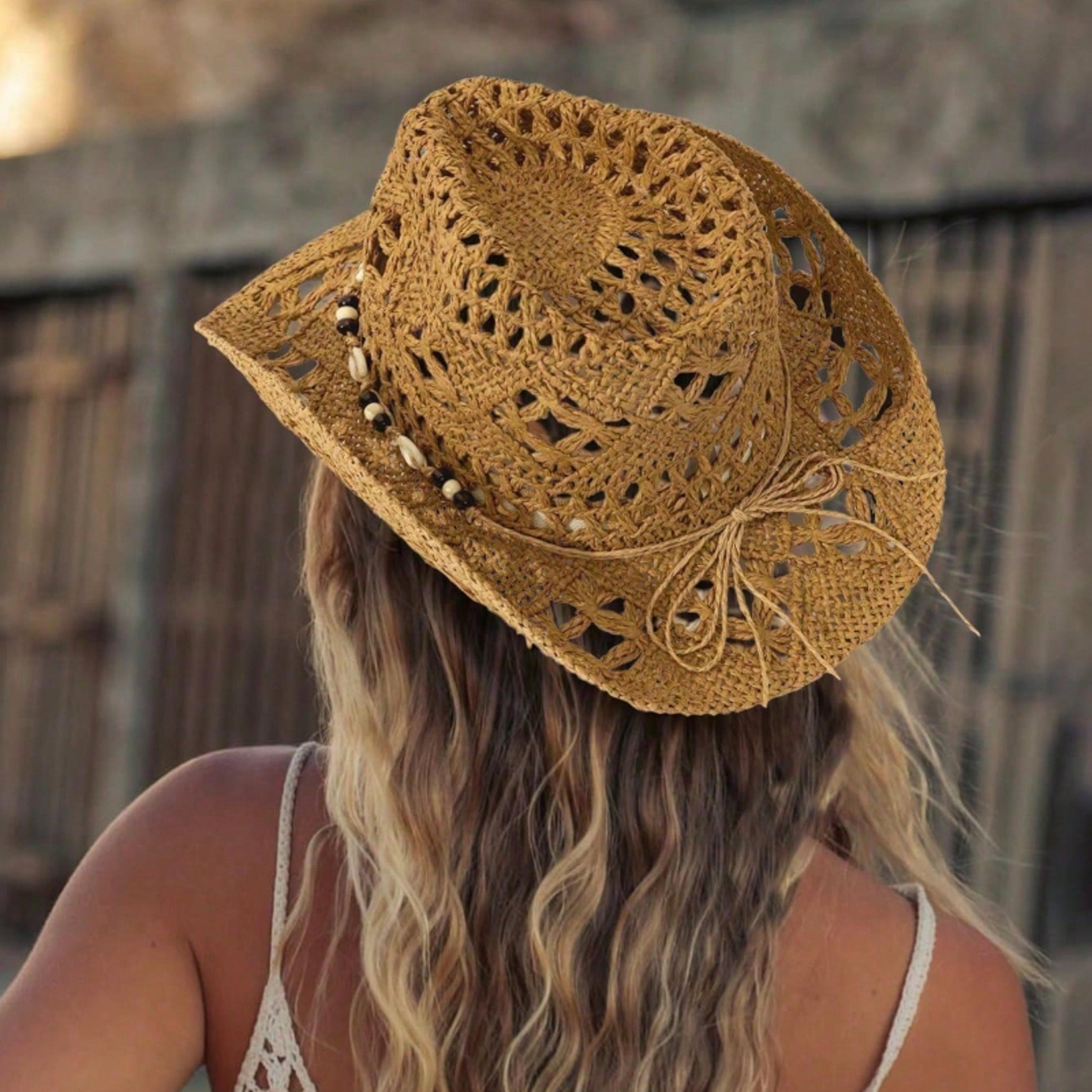 Boho Shell Straw Cowgirl Sun Hat For Beach Vacations 2