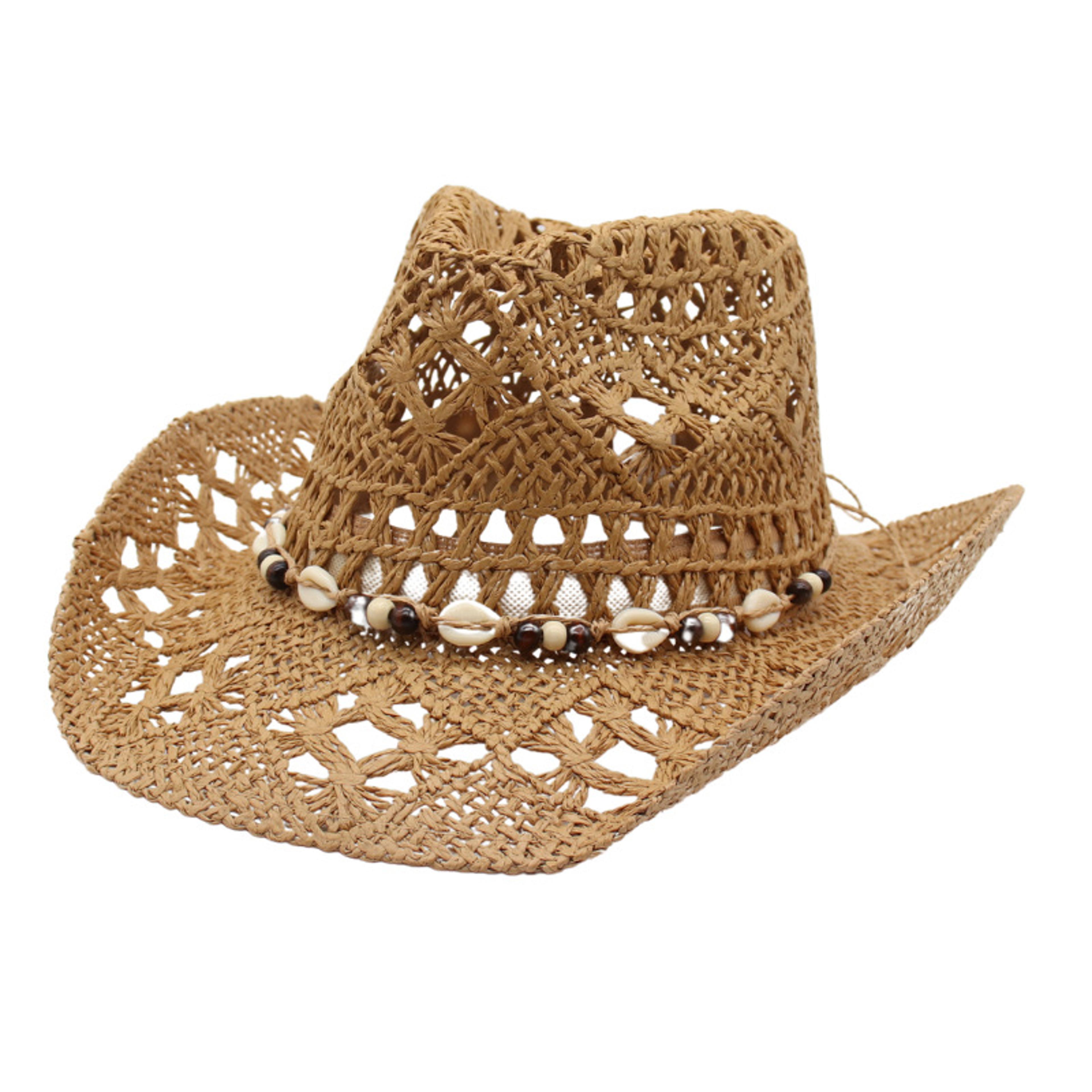 Boho Shell Straw Cowgirl Sun Hat For Beach Vacations 5
