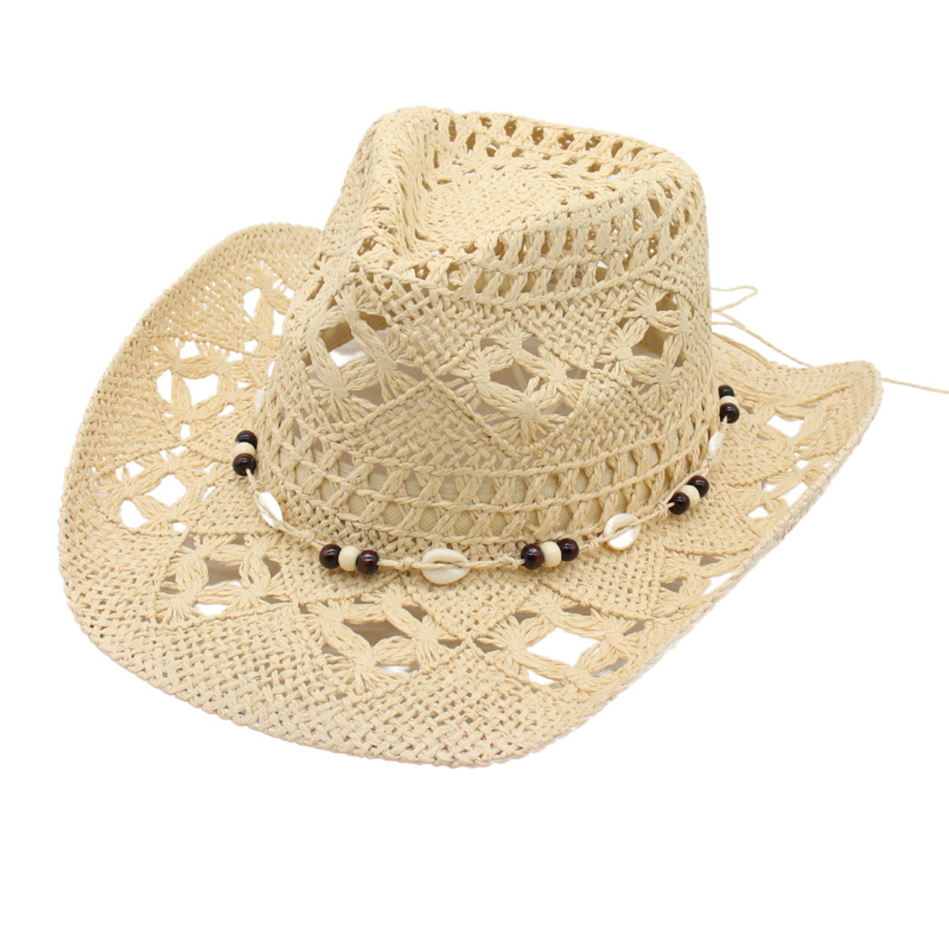 Boho Shell Straw Cowgirl Sun Hat For Beach Vacations 6