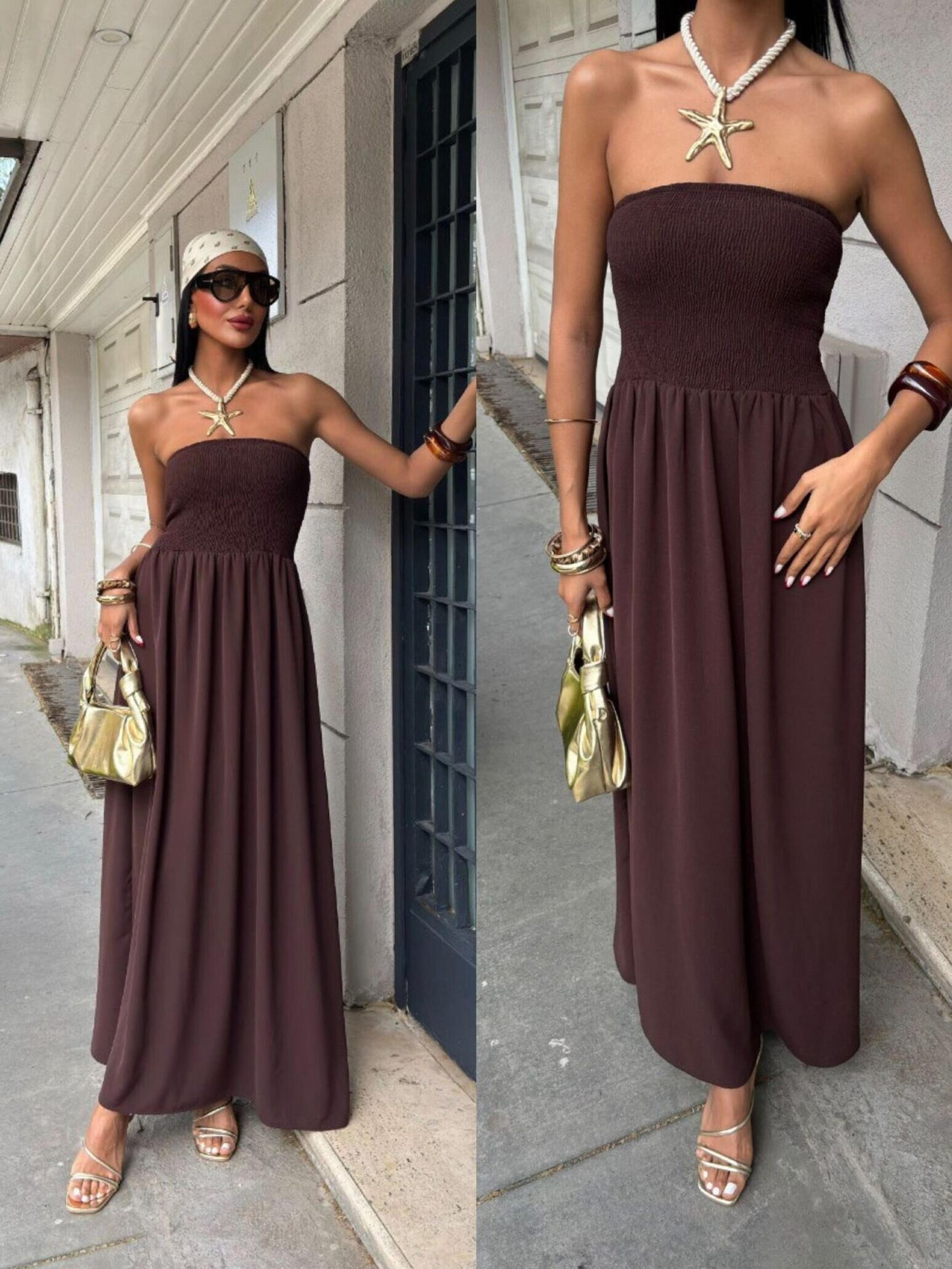 Off Shoulder Strapless Summer Long Dress Elegant Waist Cinching Solid Color Maxi Dress For Women 0