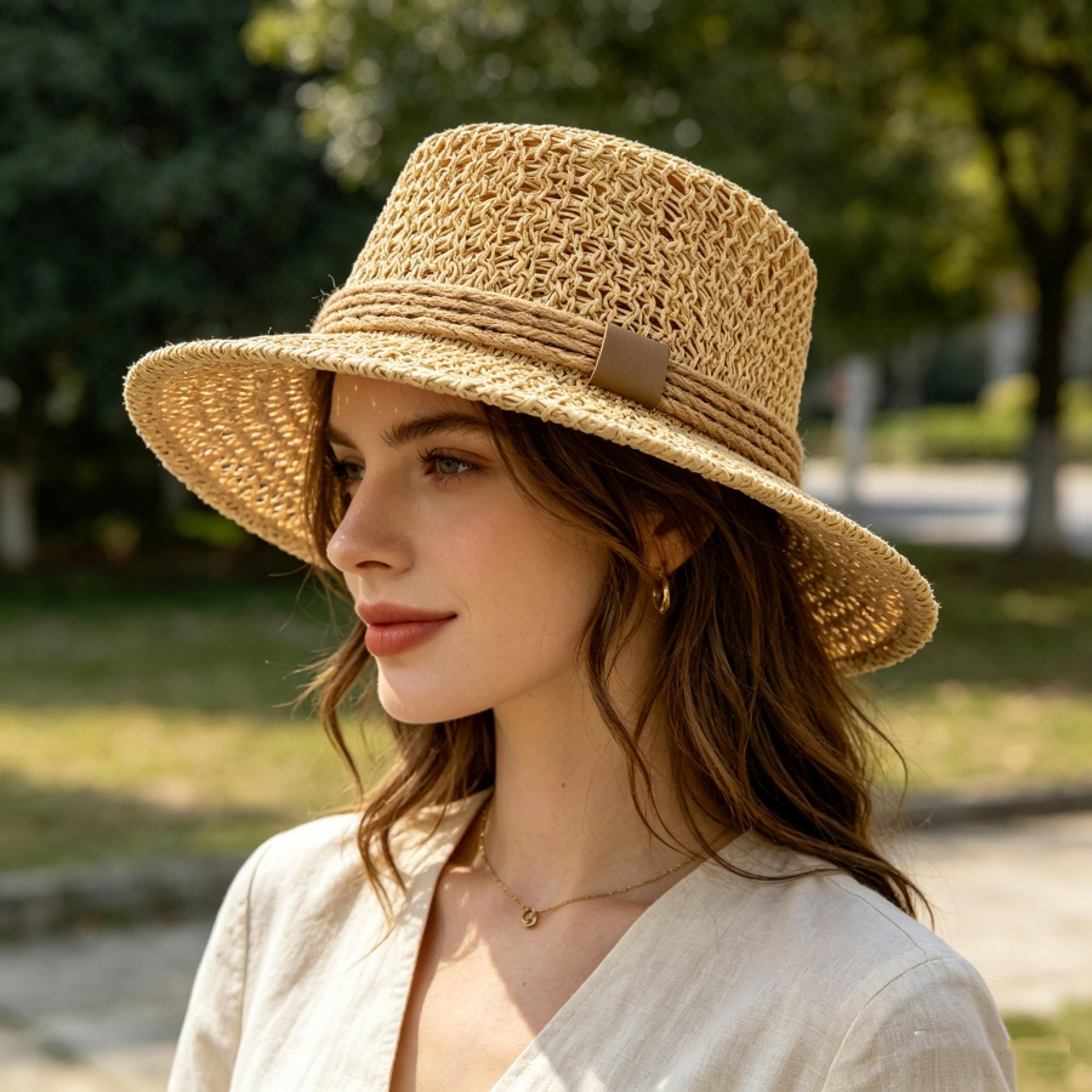 korean retro flat top straw hat for women breathable summer beach sun hat