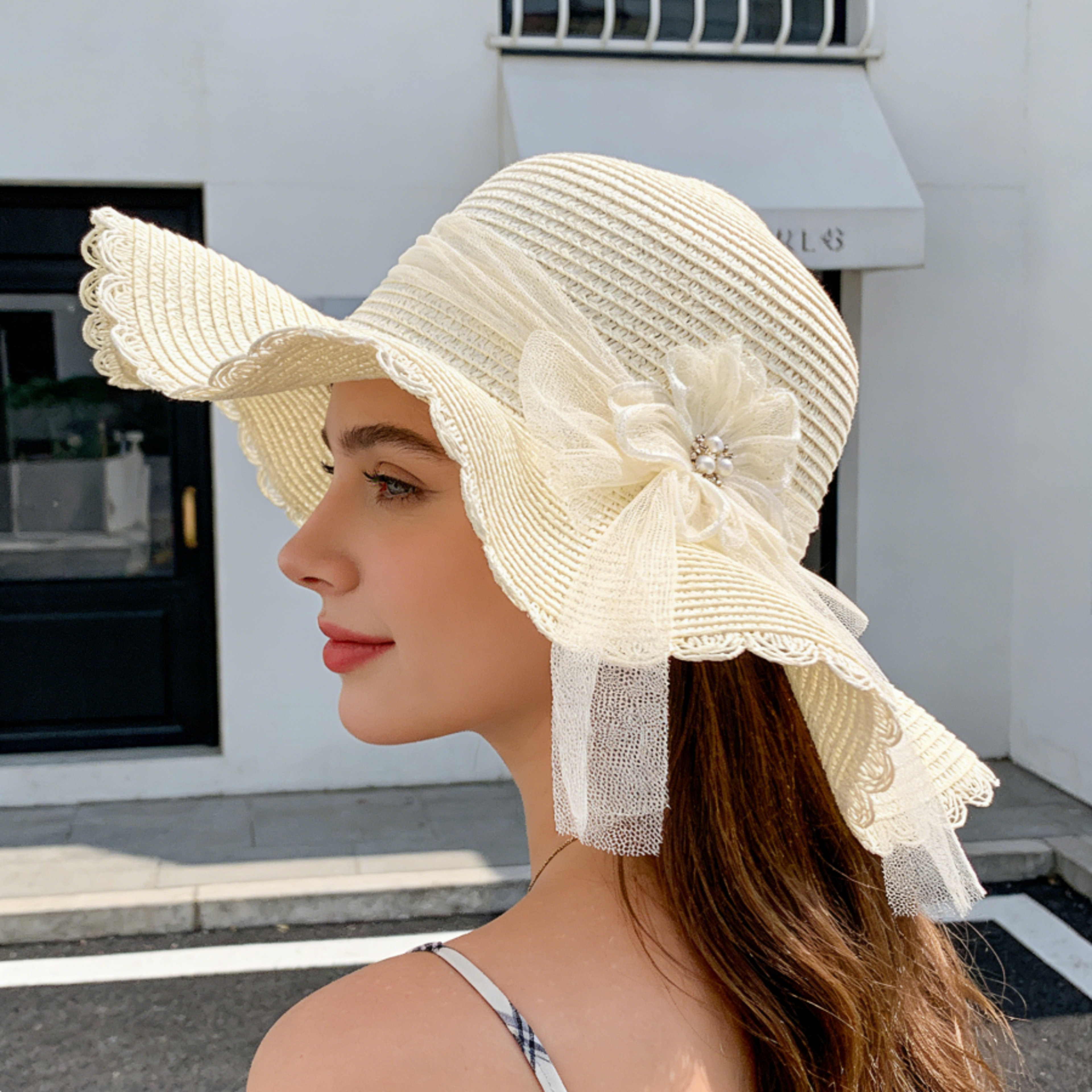 Womens Foldable Straw Sun Hat With Wide Brim And Mesh Floral Trim Packable Summer Beach Cap For UV  1