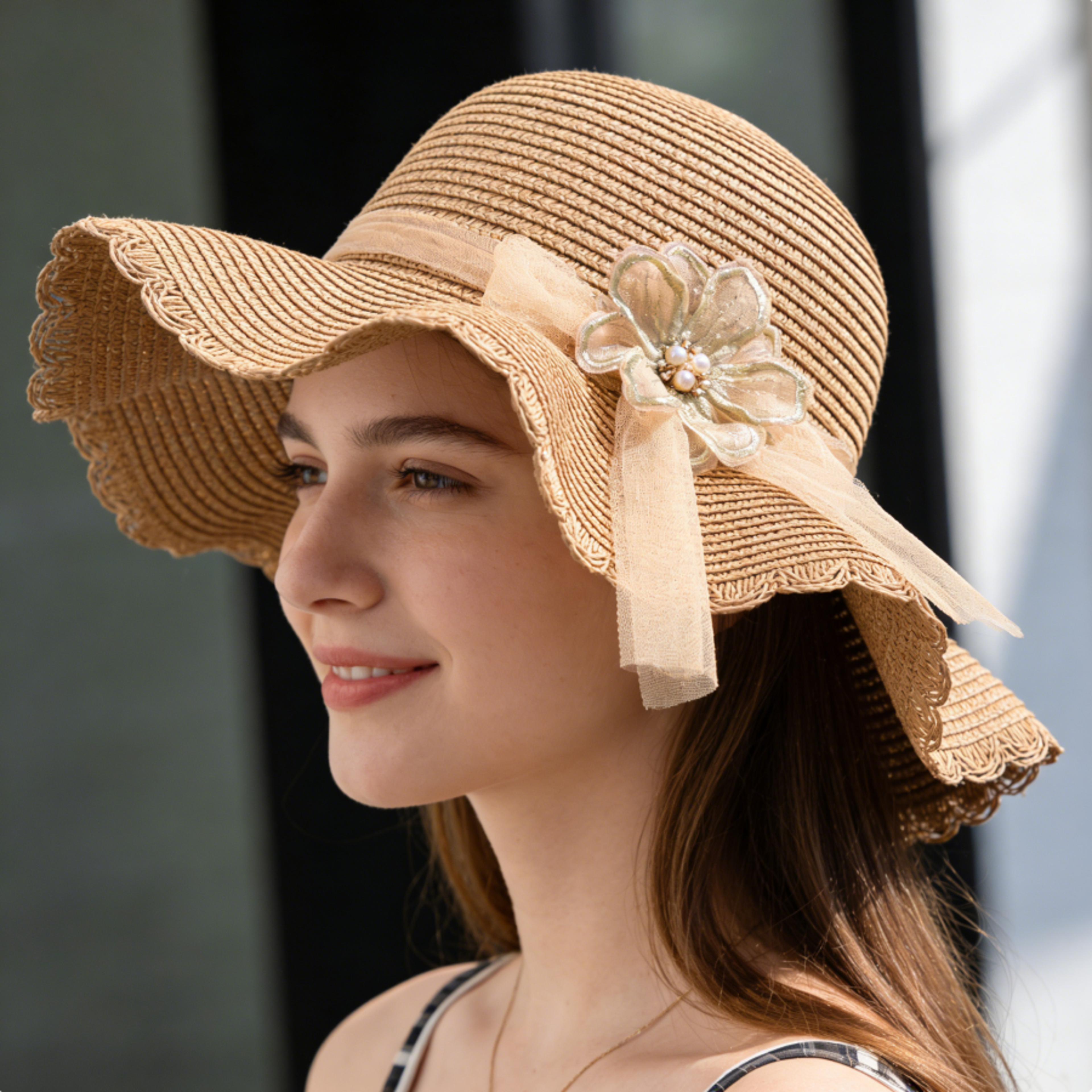 Womens Foldable Straw Sun Hat With Wide Brim And Mesh Floral Trim Packable Summer Beach Cap For UV  3