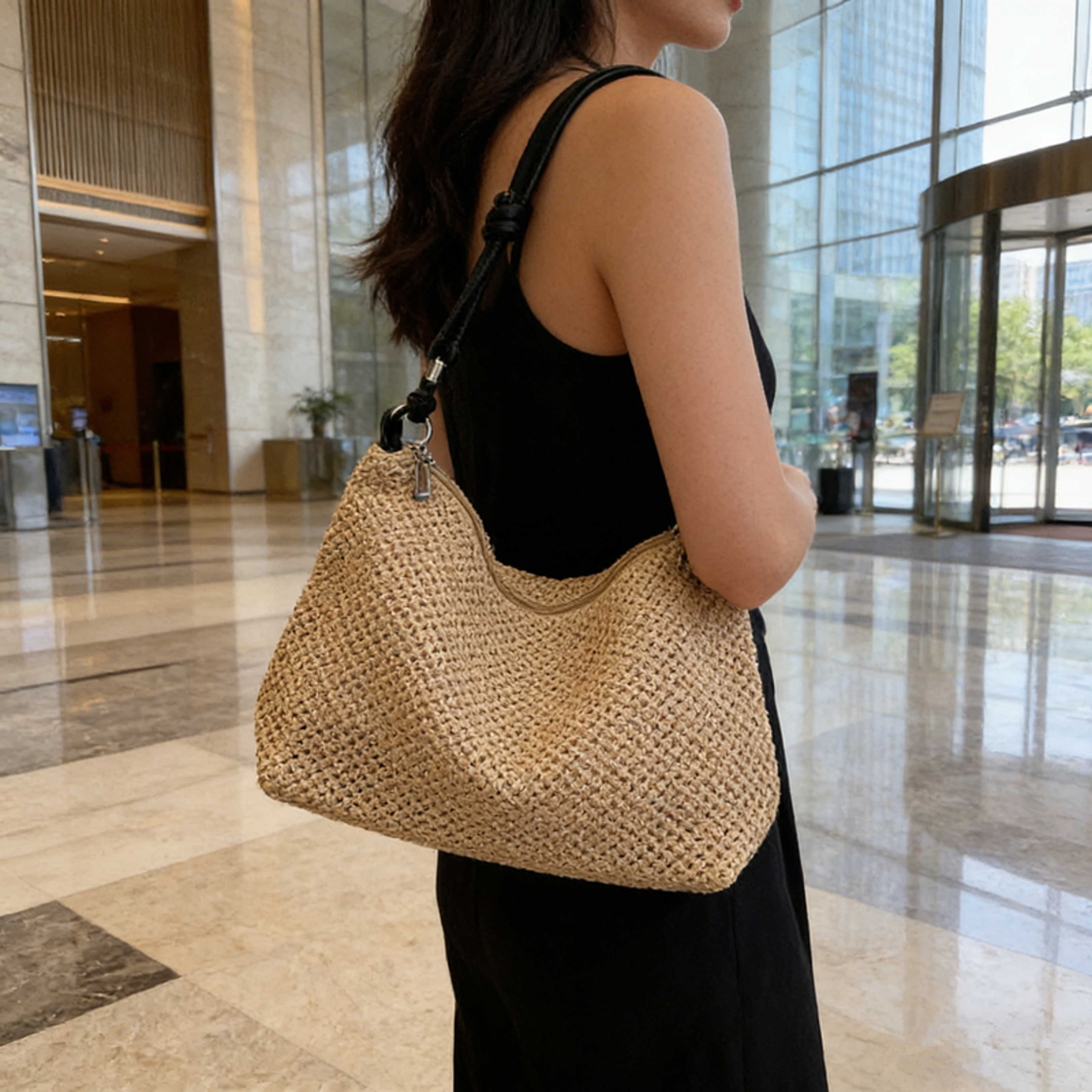 chic summer straw woven crossbody bag with knotted handles