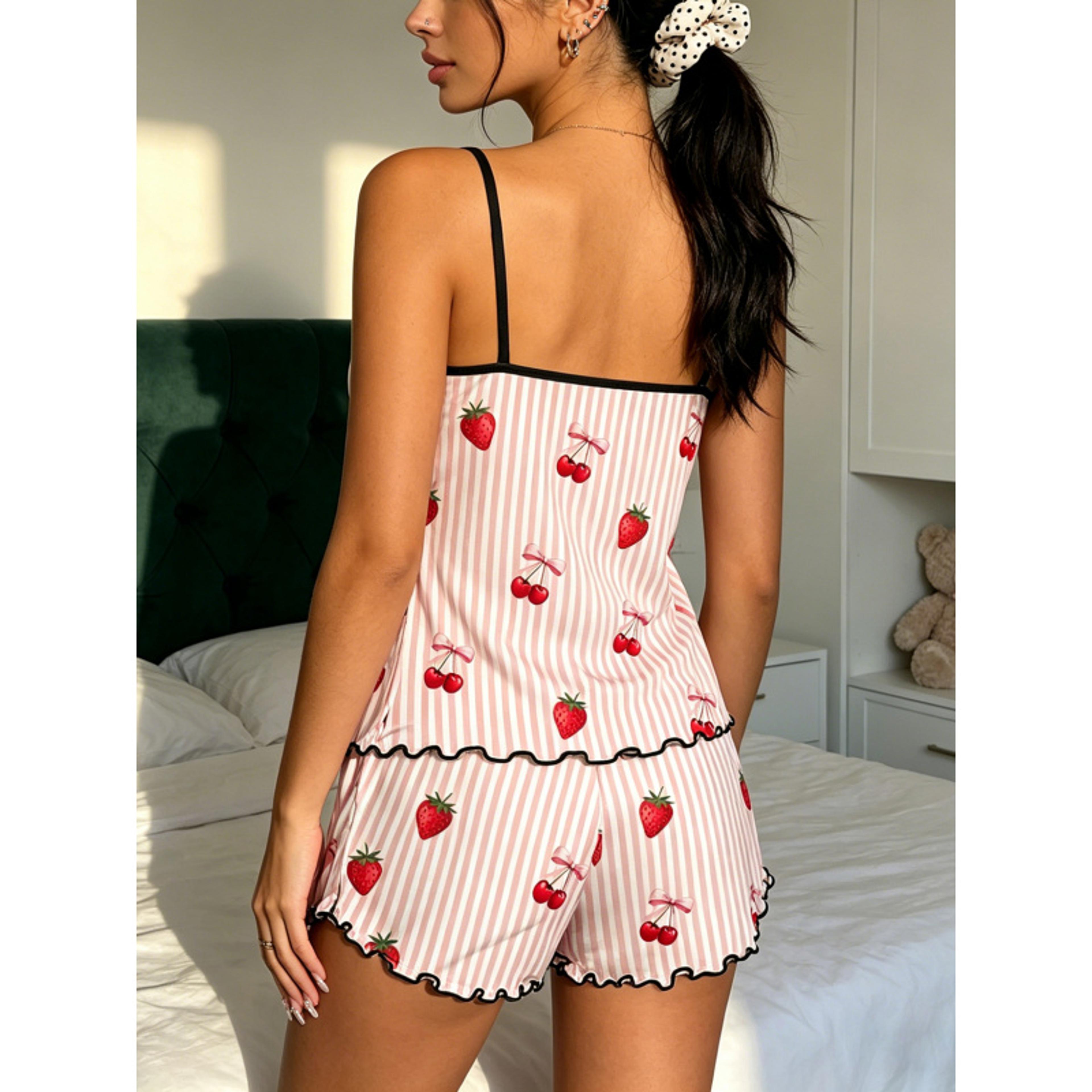 Pink Striped Cherry Bow Cami And Shorts Pajama Set With Ruffles 1