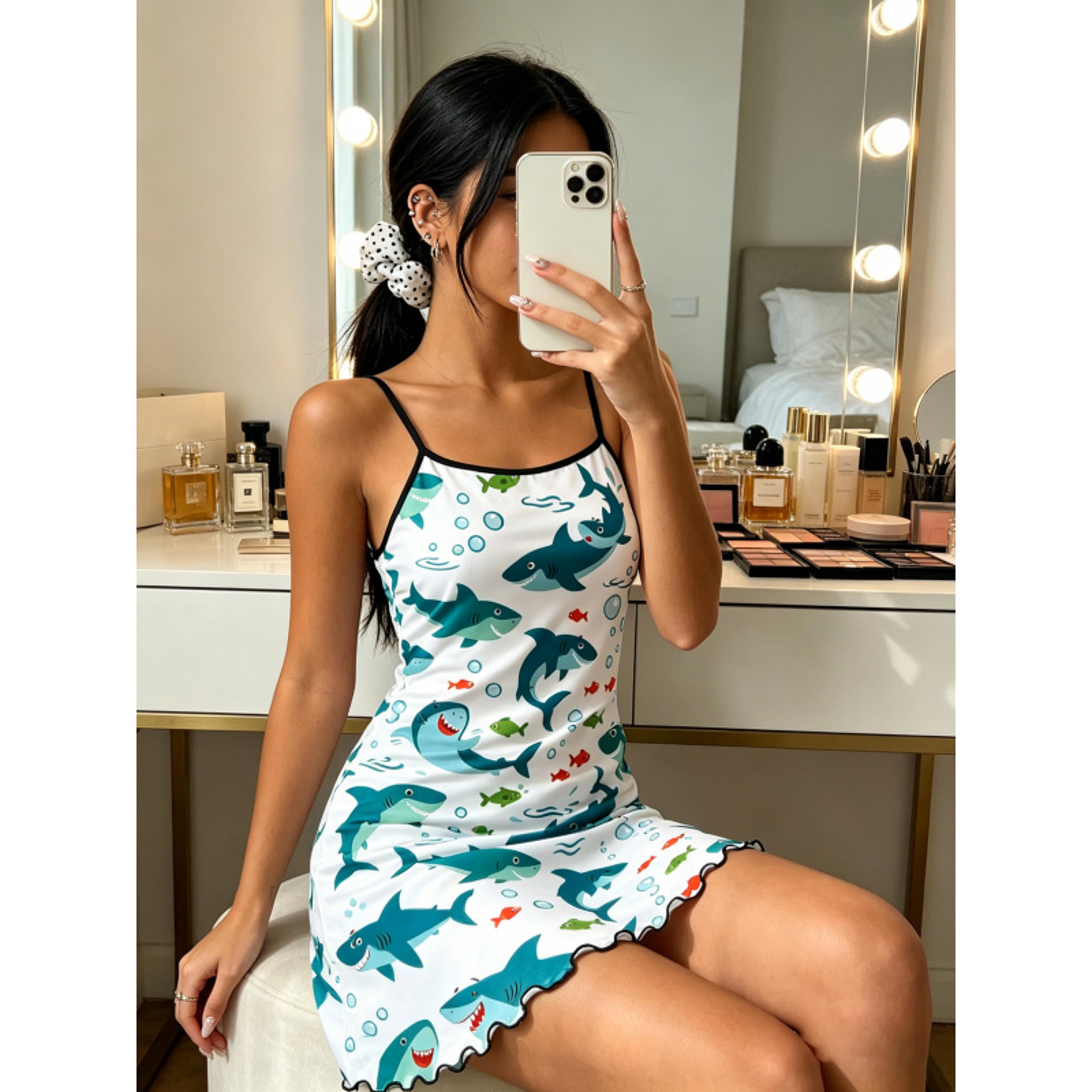 Cute Cartoon Shark Print Summer Nightdress Ruffle Trim Spaghetti Strap Loungewear Sleep Dress 2