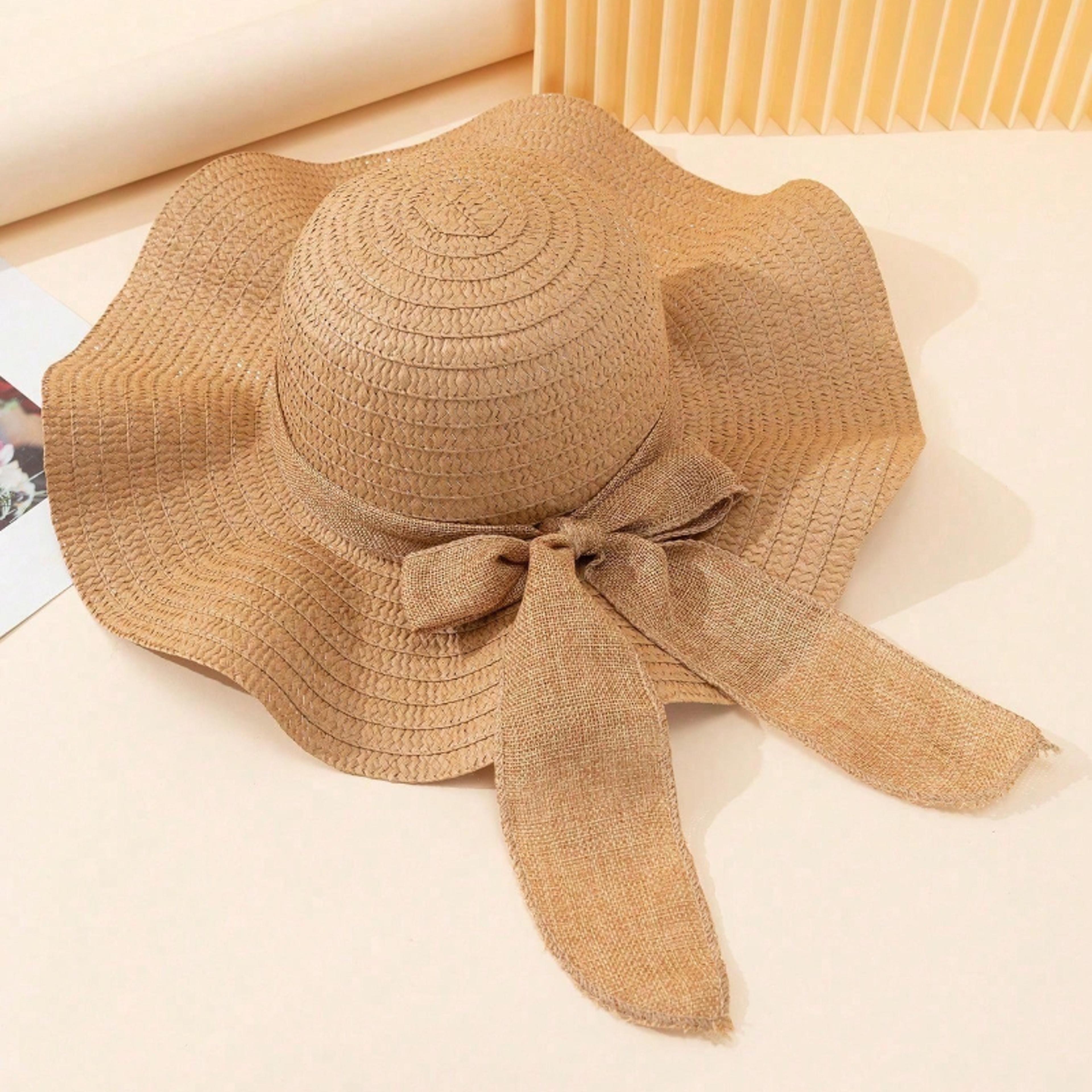 boho chic wide brim straw sun hat with elegant bowknot