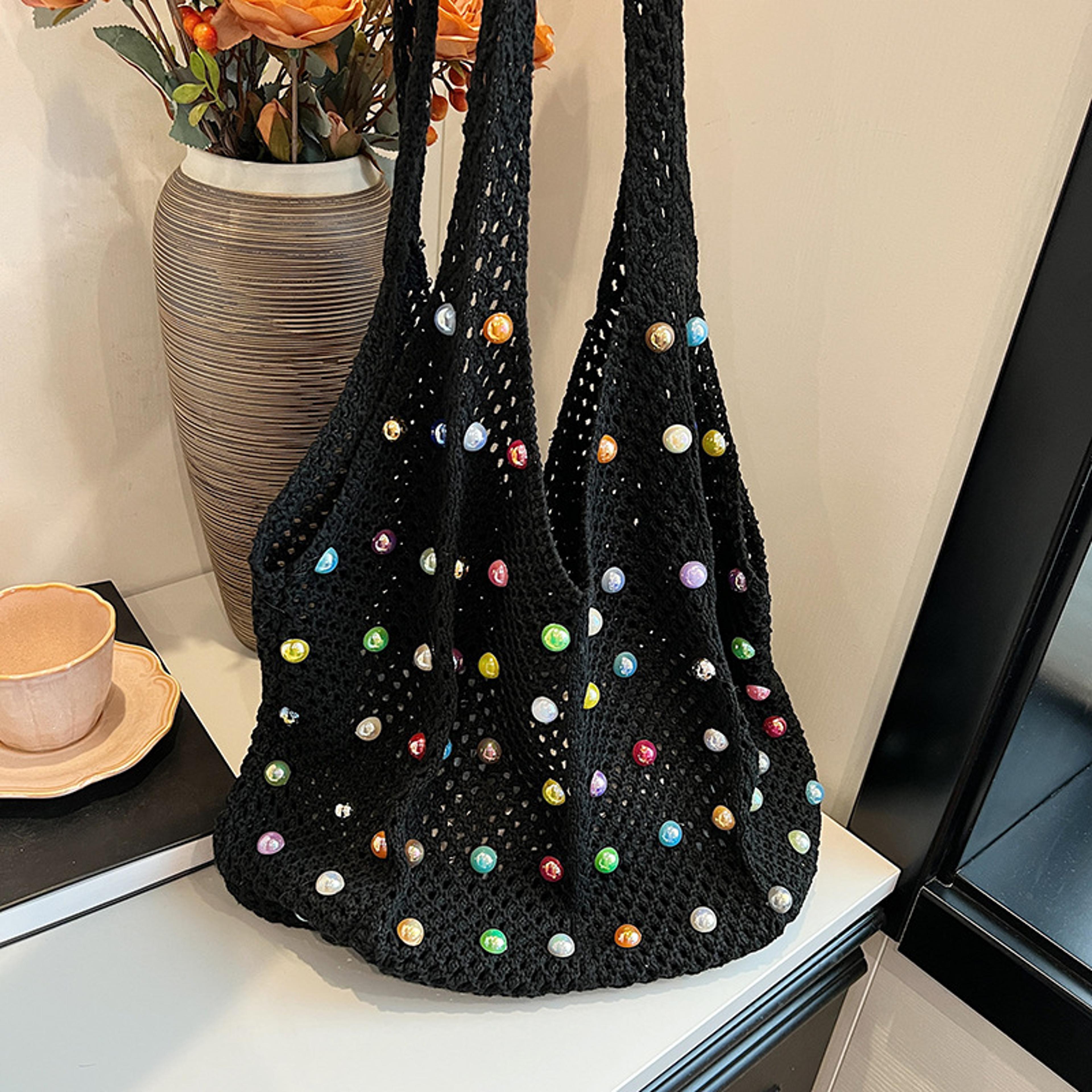 Knit Beach Handbag With Colored Pearls 4