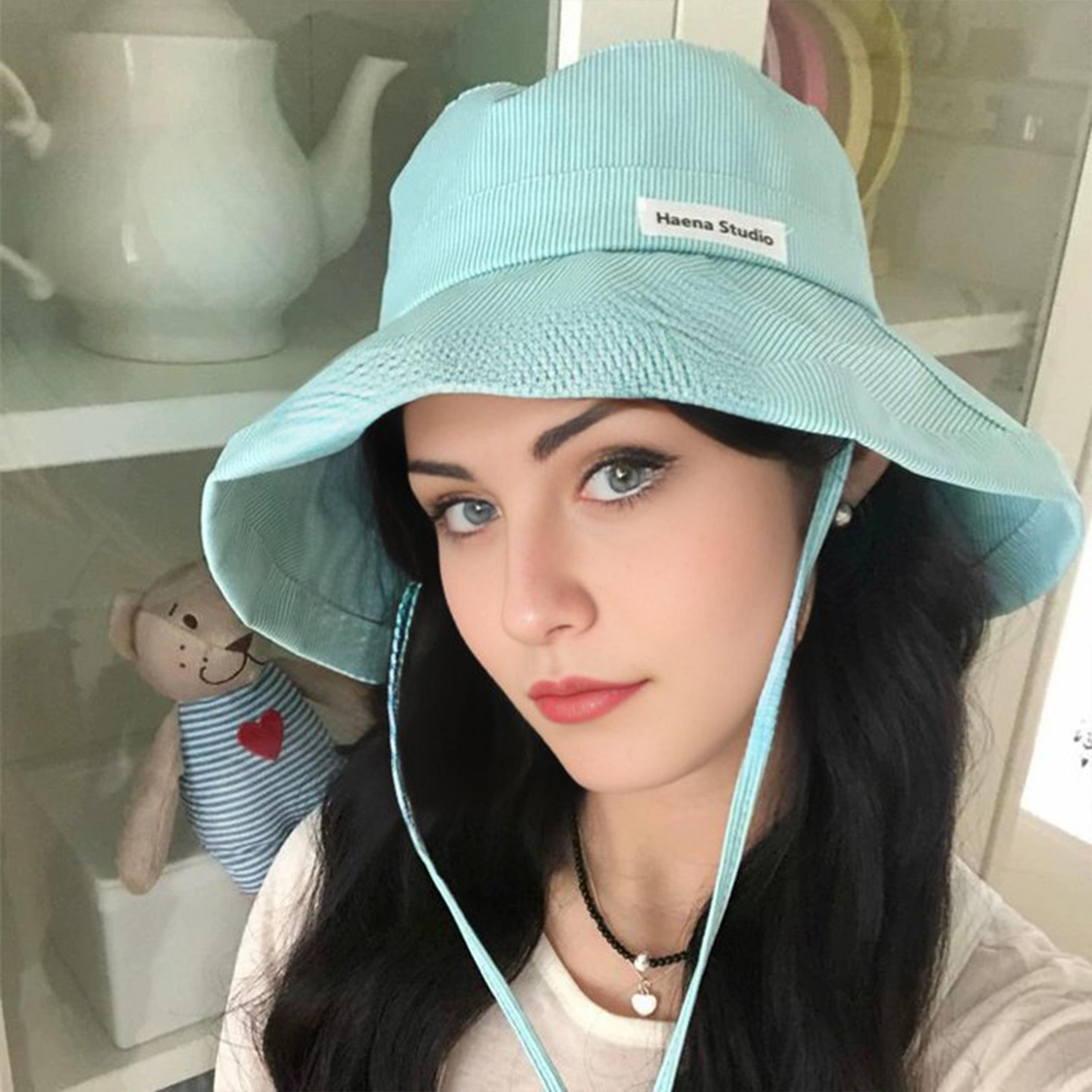 korean stripe wide brim sunscreen bucket hat for women pastel candy color packable beach panama sun hat