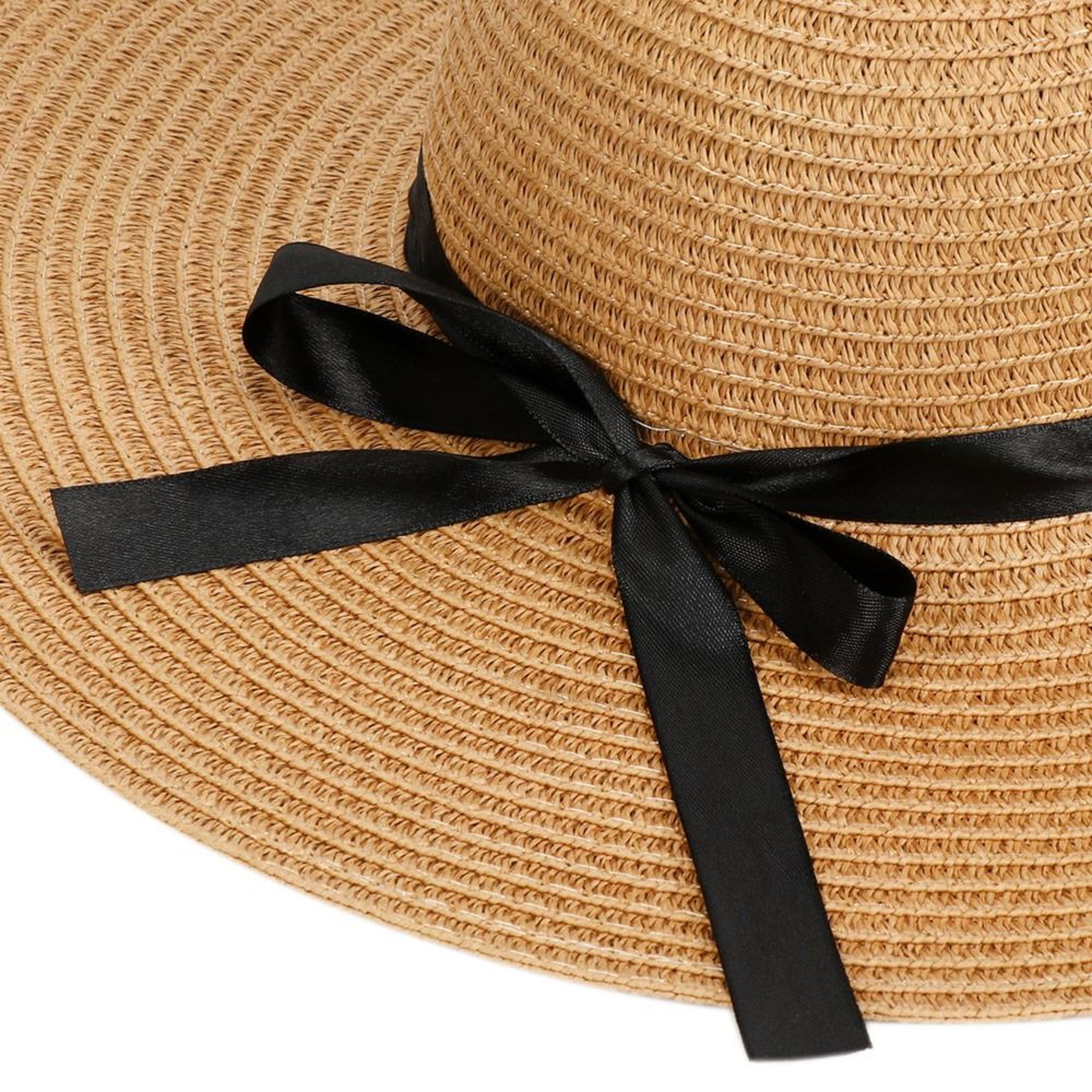 Women Foldable Summer Beach Straw Sun Hat With Bow Wide Brim Floppy Visor Cap 3