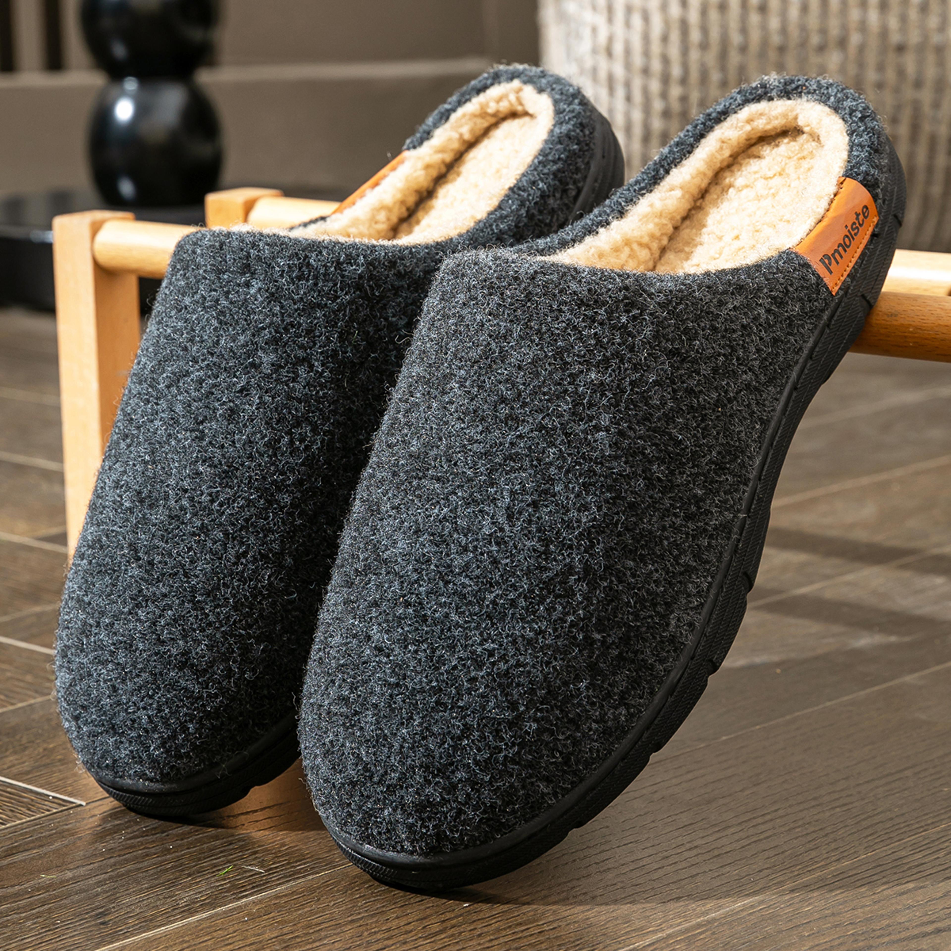 warm soft designer fuzzy slippers for men, memory foam cushion, non slip tpr sole, comfortable felt home shoes