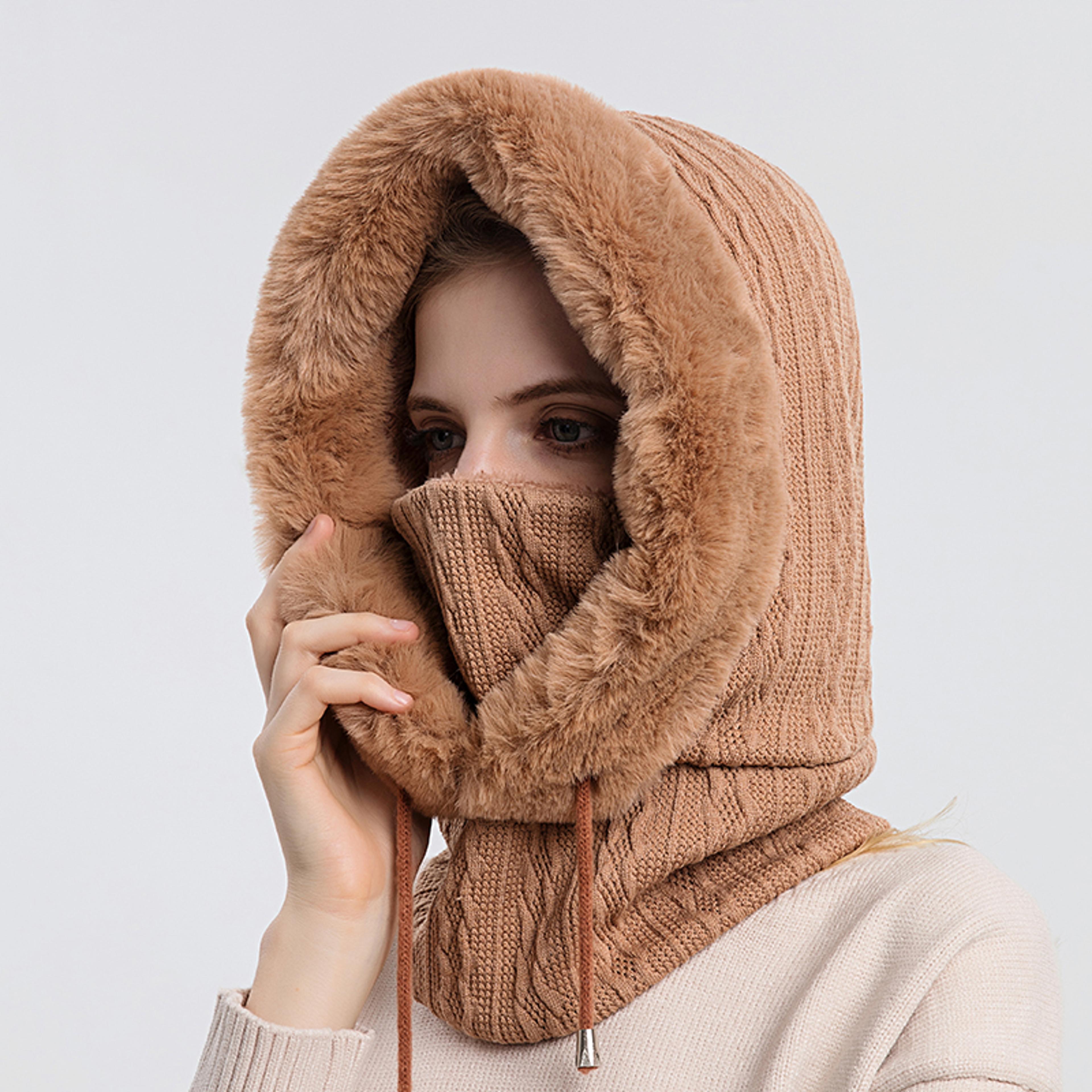 Knitted Cashmere Neck Warm Balaclava Ski Windproof Hat Winter Fur Cap Mask Set Hooded For Women Thi 2