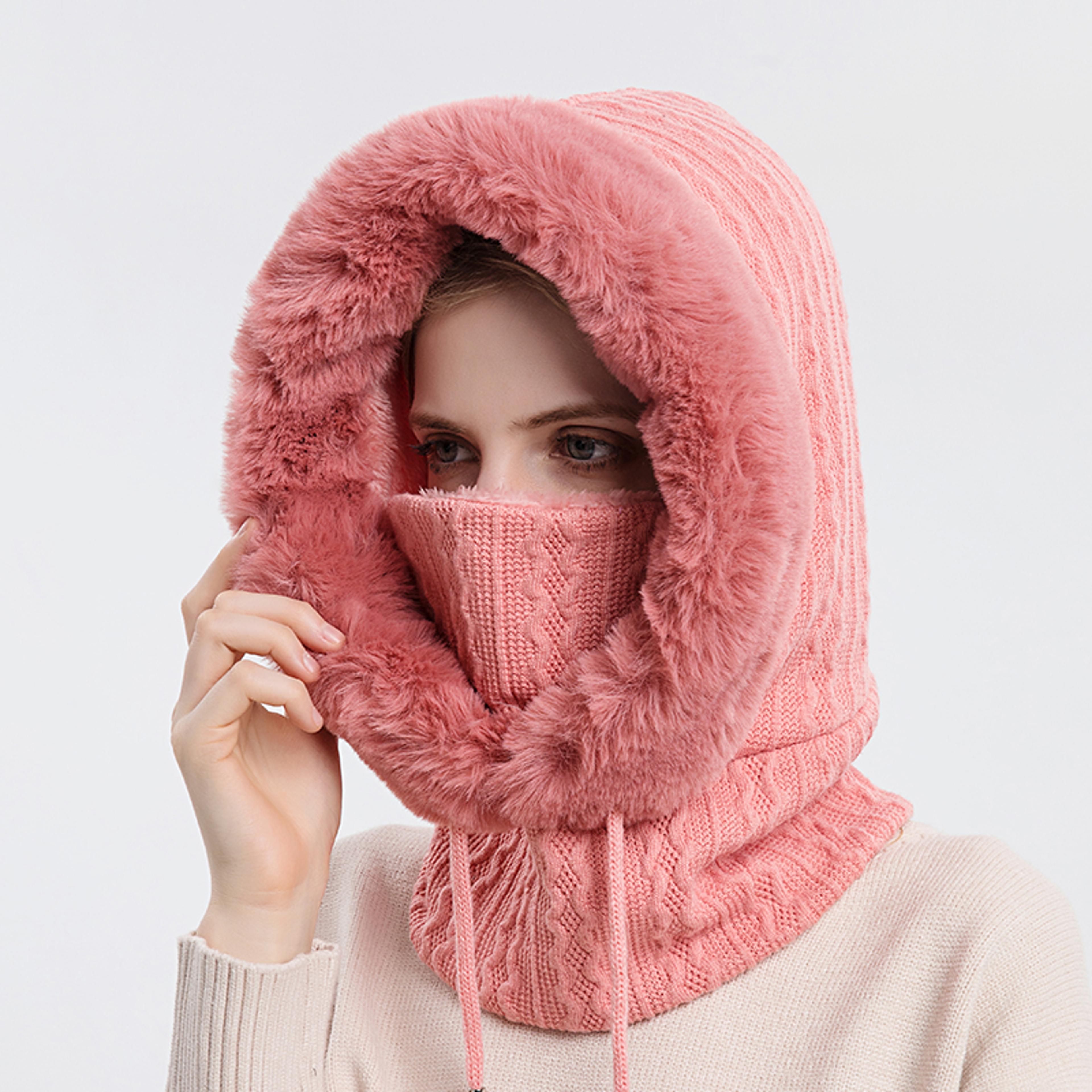 Knitted Cashmere Neck Warm Balaclava Ski Windproof Hat Winter Fur Cap Mask Set Hooded For Women Thi 4
