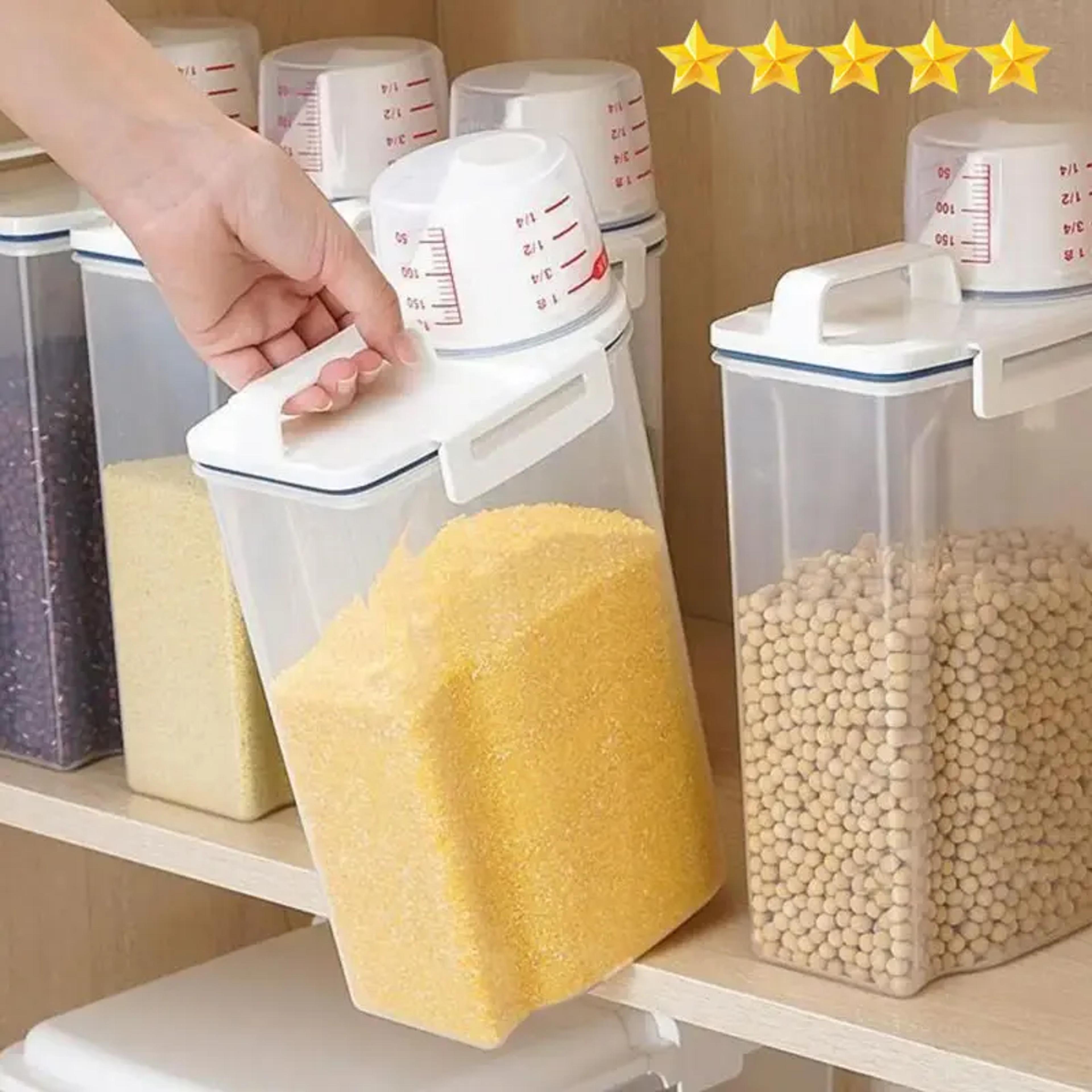 kitchen food storage canister with measuring cup, moisture proof rice and grains container, dust proof organizer