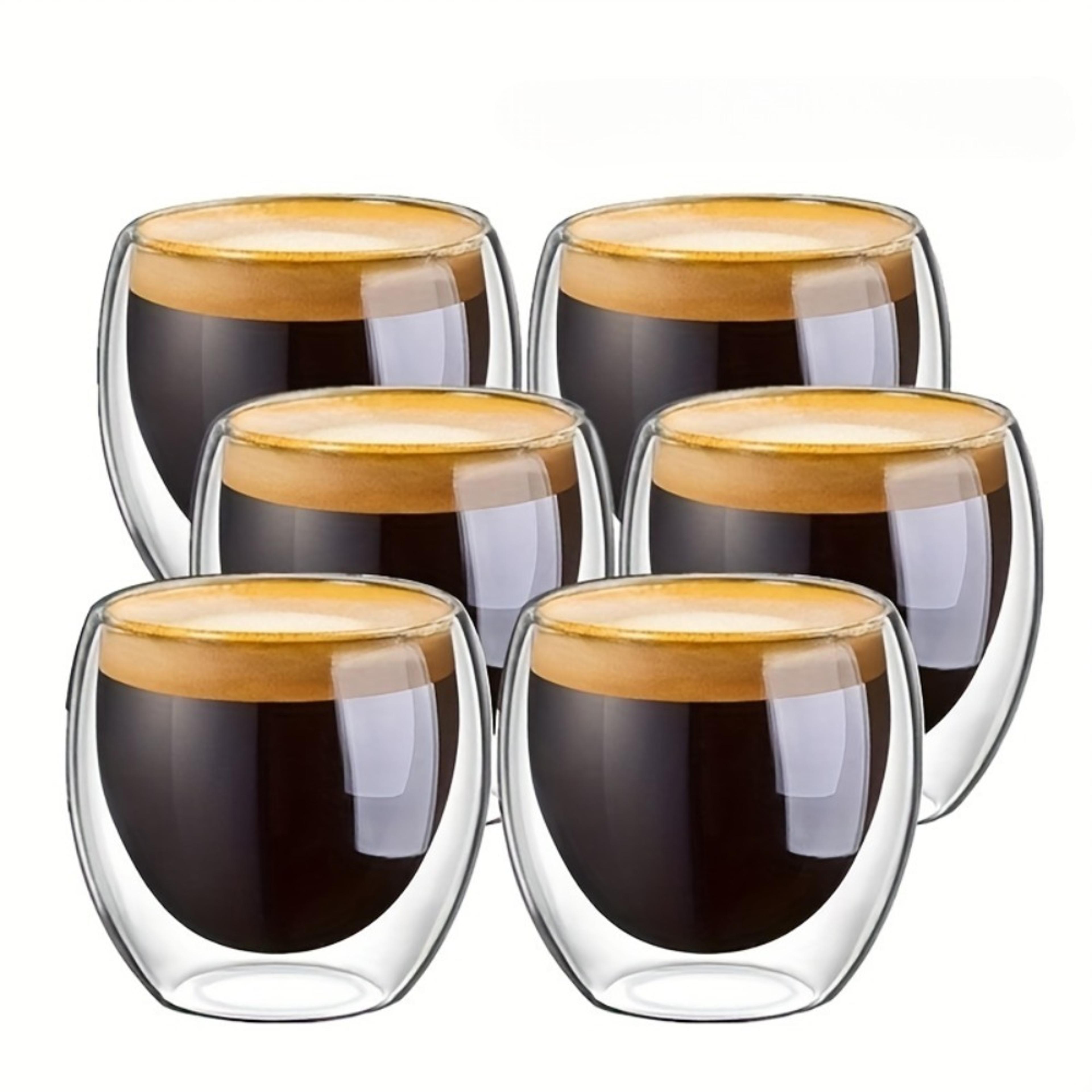 double-wall clear glass espresso cups, insulated coffee, latte, tea, cafe, milk, restaurant use