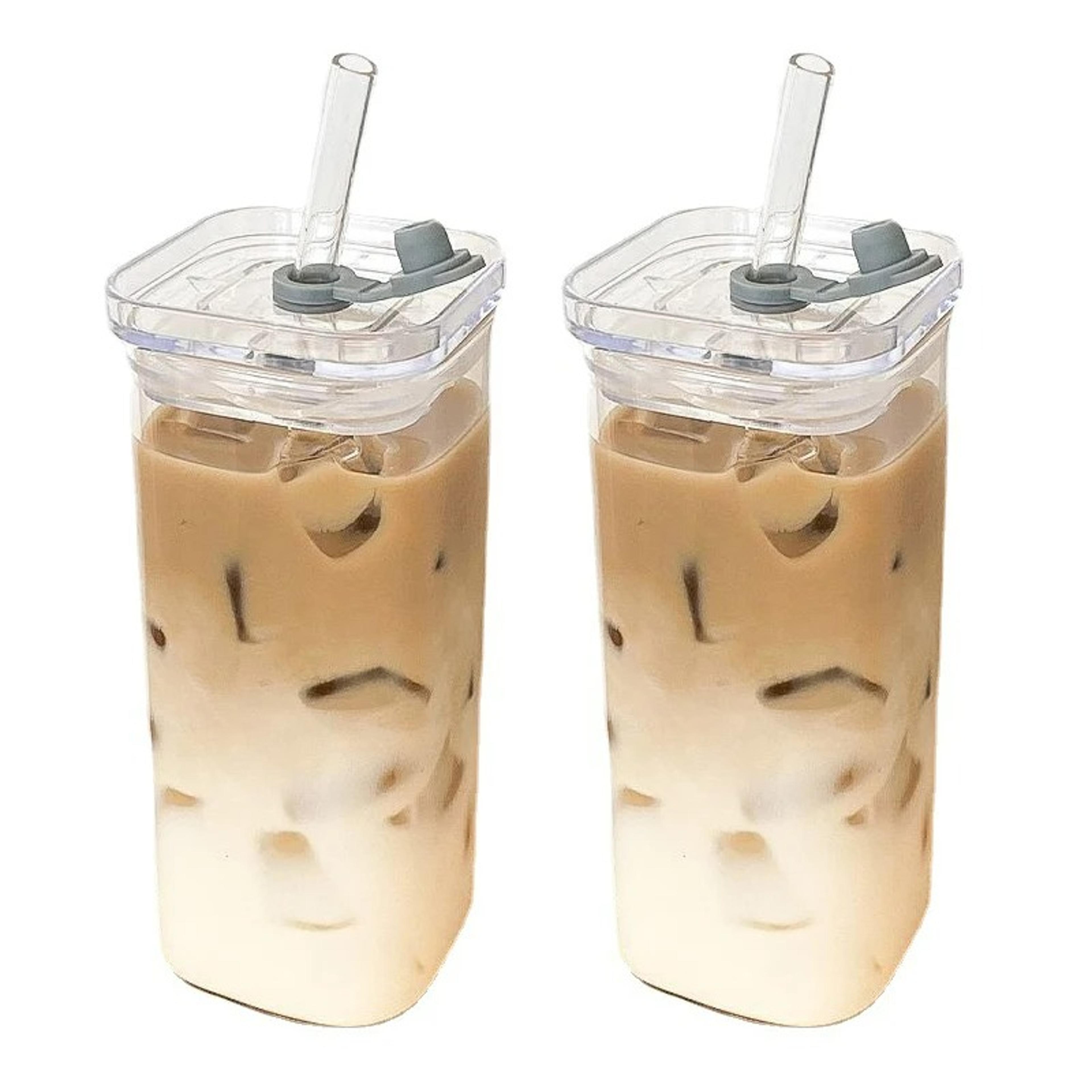 square coffee glass cup, heat resistant mug, transparent milk tea juice cup, with lid and straw, home bar drink ware