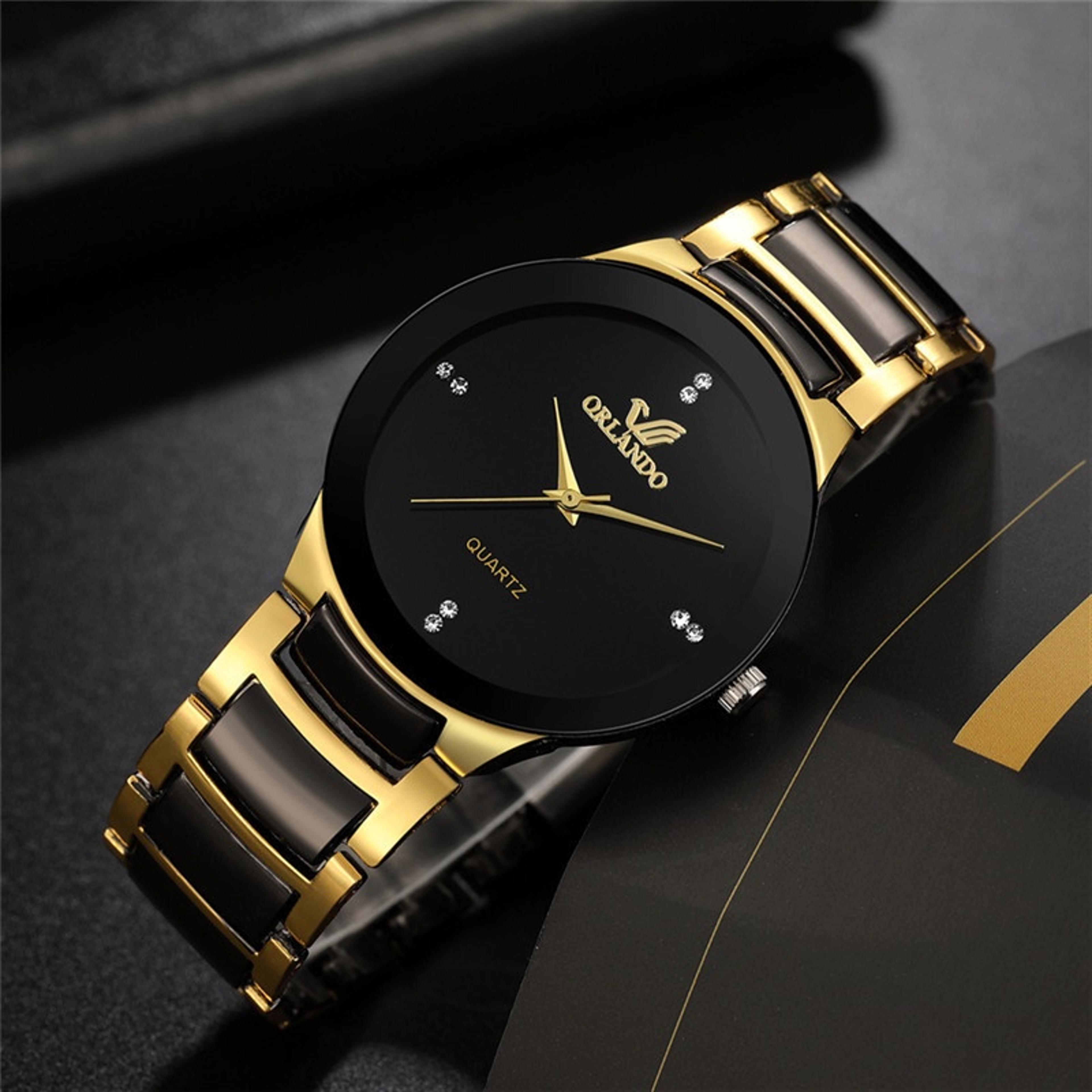 men business watch, black steel band fashion quartz analog watch for men