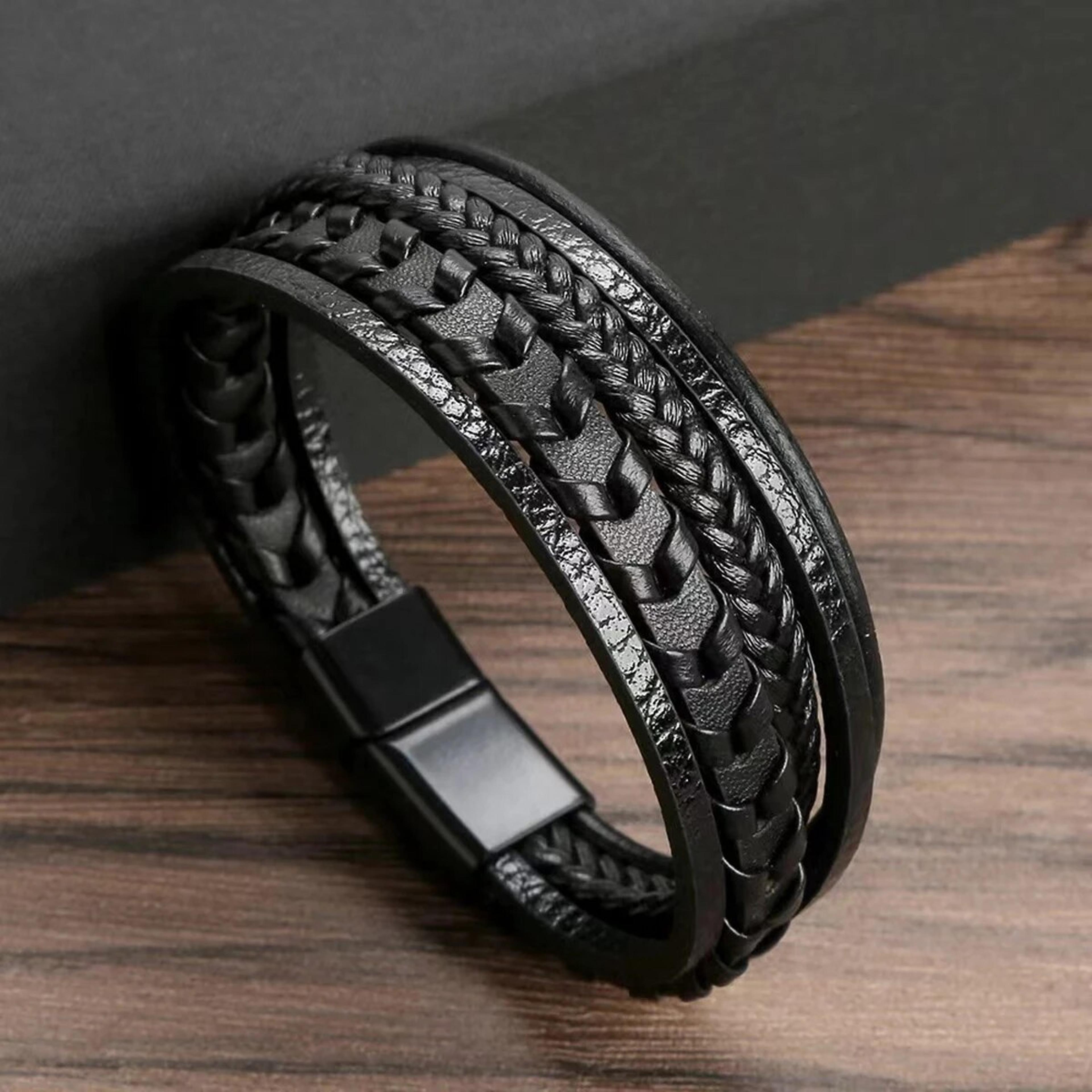 Fashion Accessories Men Multi Layered Vintage Leather Bracelet Braided Rope Bracelet Alloy Magnetic 4