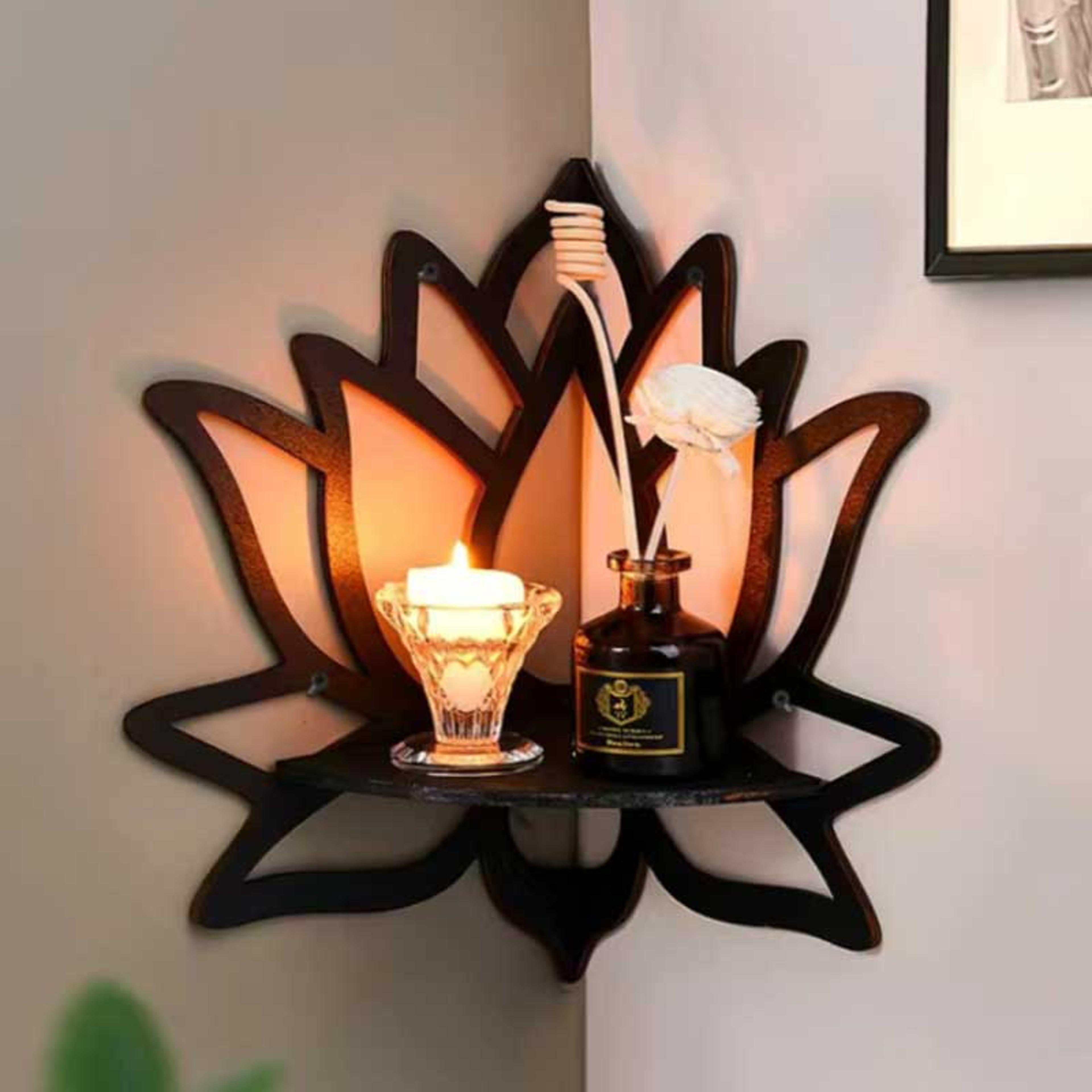 wooden lotus decorative rack, wall mounted shelf, aromatherapy organiser, essential oil candle holder, corner shelf
