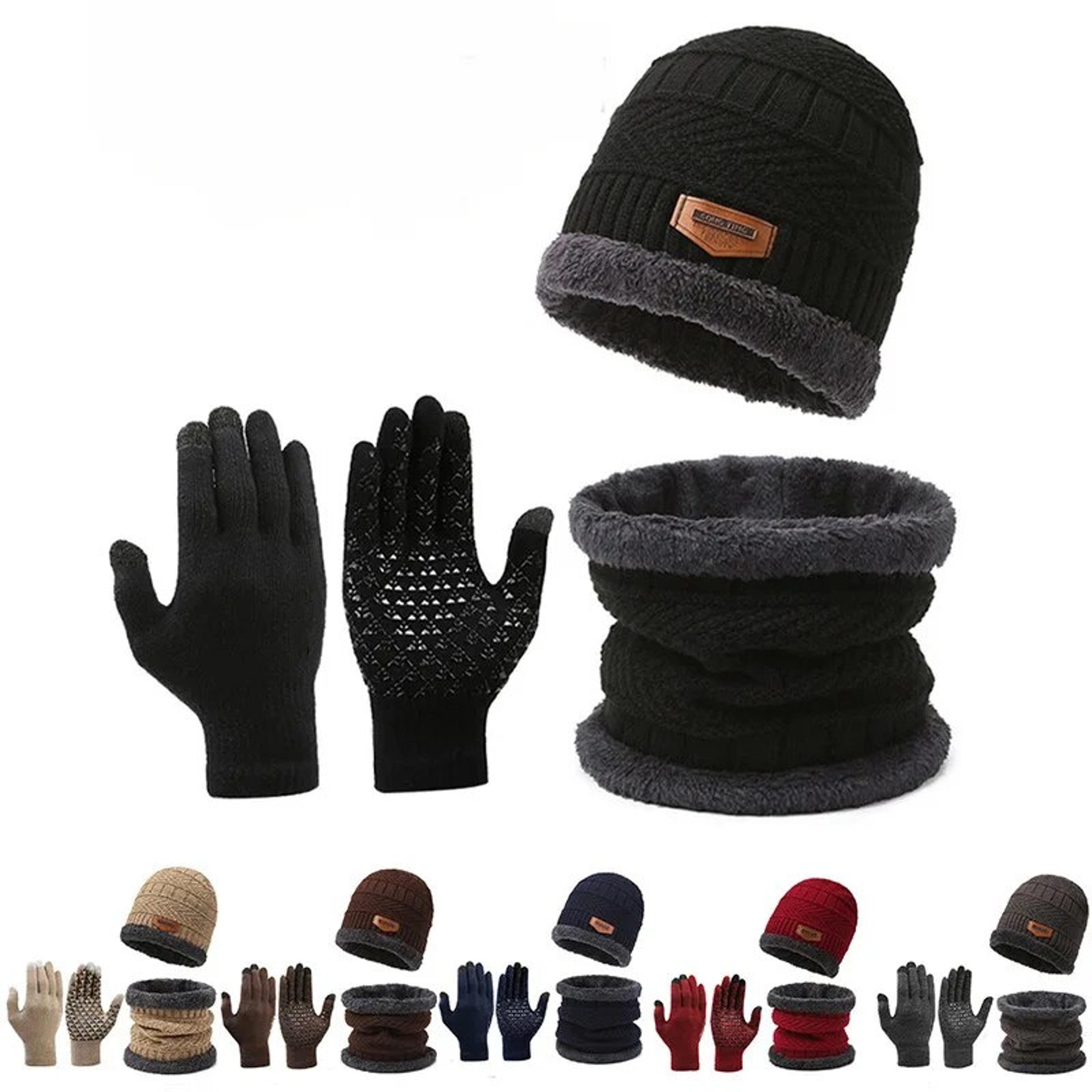 Men Windproof Hat Outdoor Winter Scarf Gloves Three Piece Neckline One Plus Cashmere Insulated Knit 0