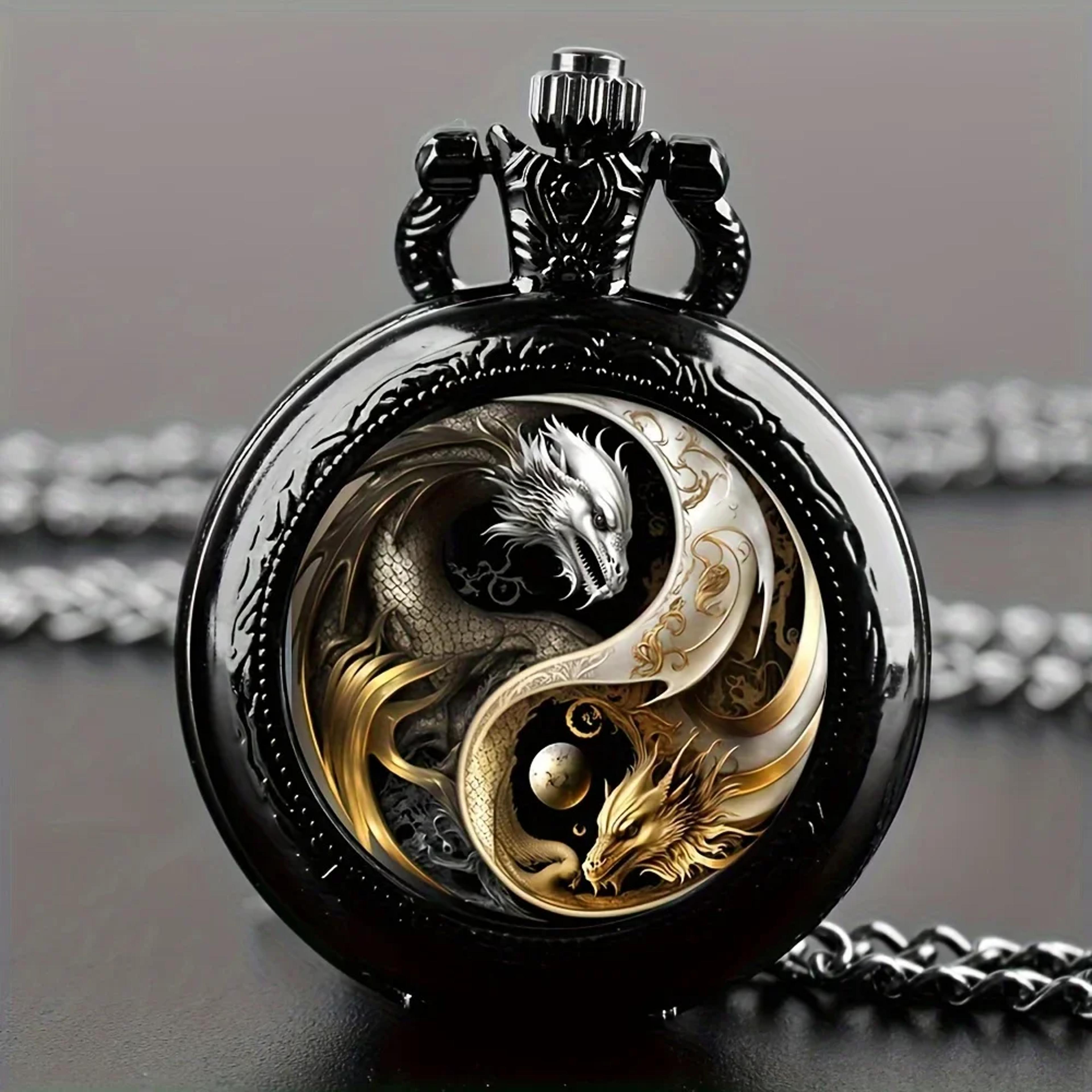 Retro Golden Silvery Double Dragon Quartz Pocket Watch Stylish Design 0