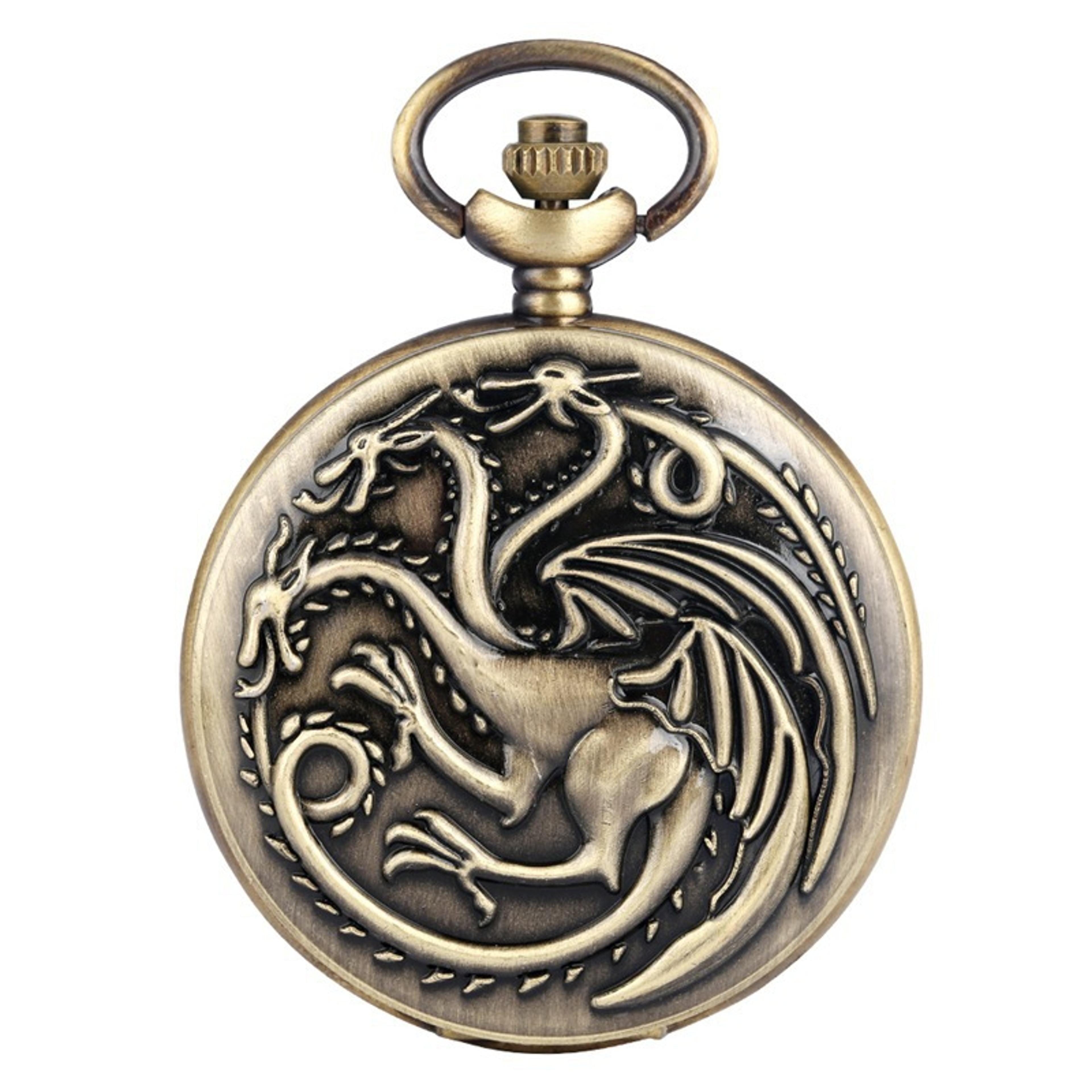 Three Headed Dragon Quartz Pocket Watch Vintage Bronze Fire Monster Necklace Antique Watch 5