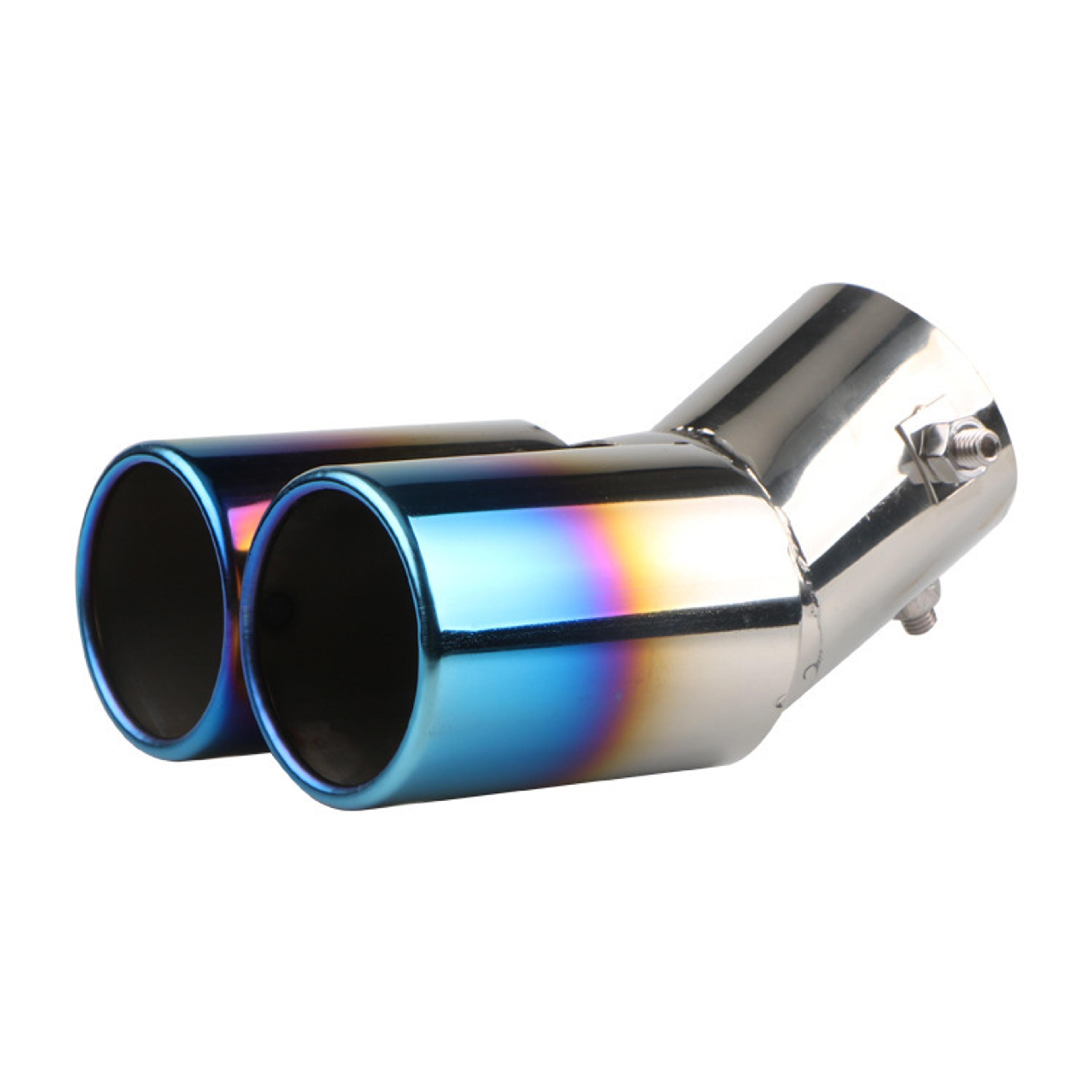 Car Universal Stainless Steel Exhaust Pipe Double Pipe Tail One To Two Grilled Blue Modification 17