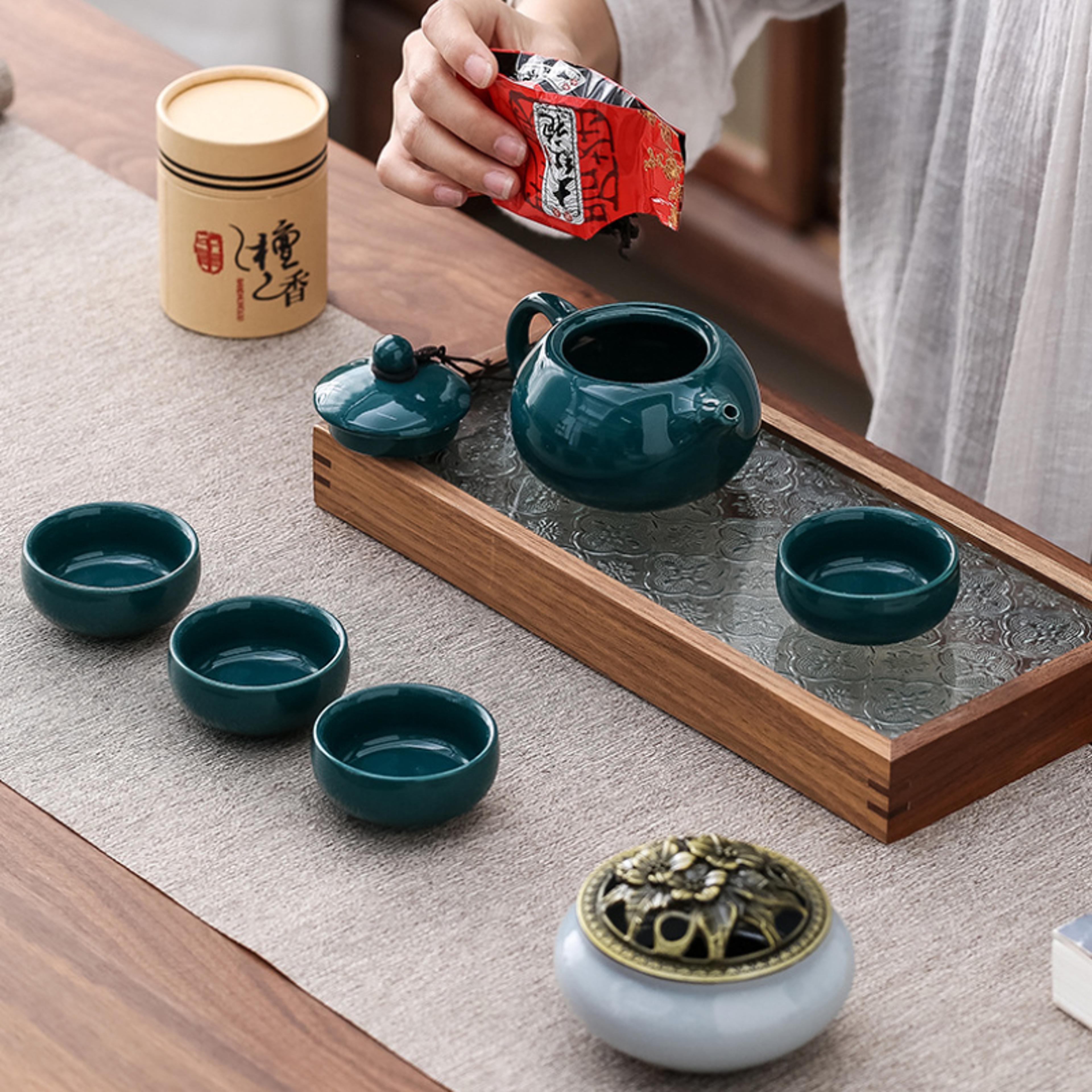 Ceramic Tea Set One Pot Four Cups Sandalwood Stove With Incense Burner Gift Box For Ceremony 1