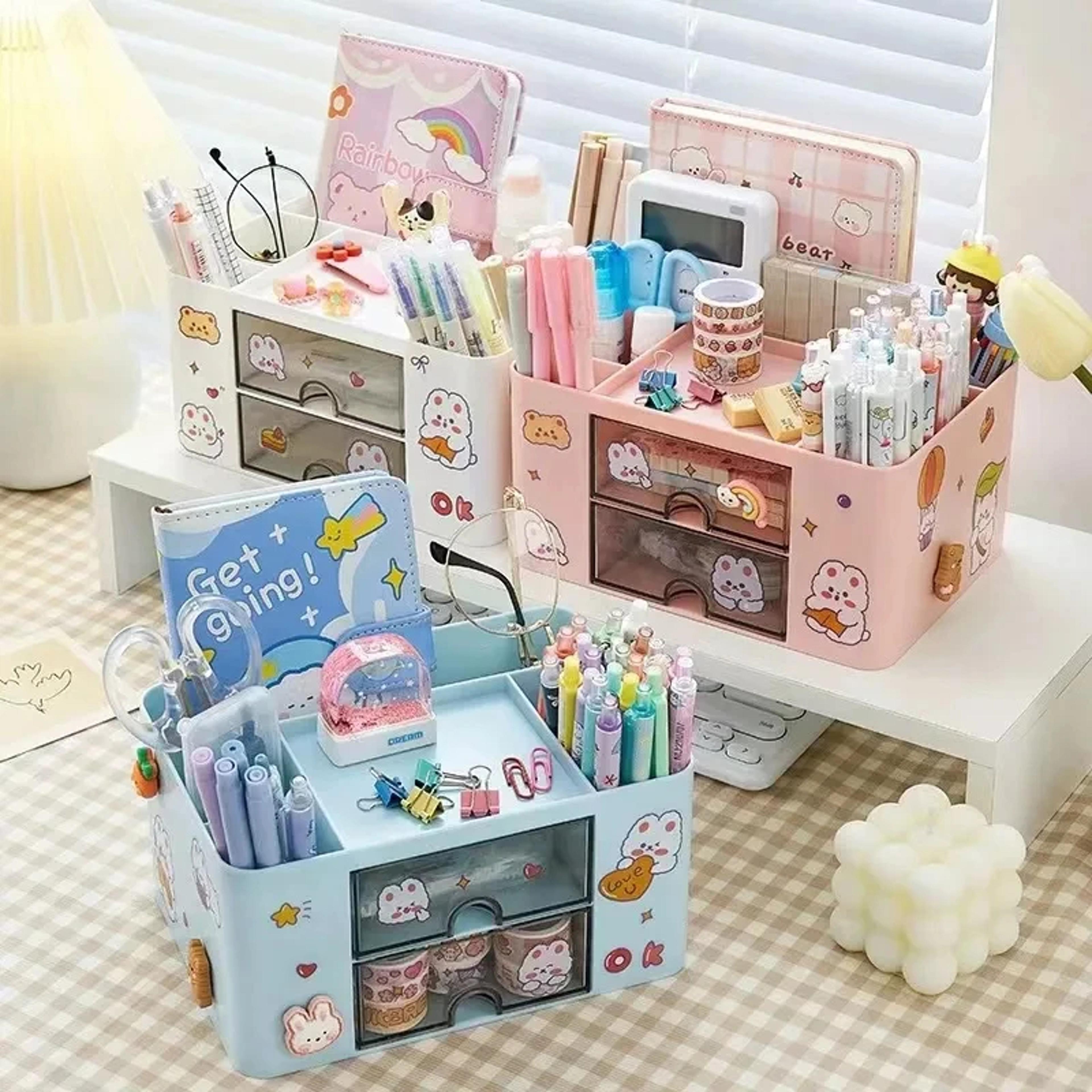 Stationery Storage Box Desk Office Pen Holder Drawer Type Multiple Compartments Dust Prevention For 4