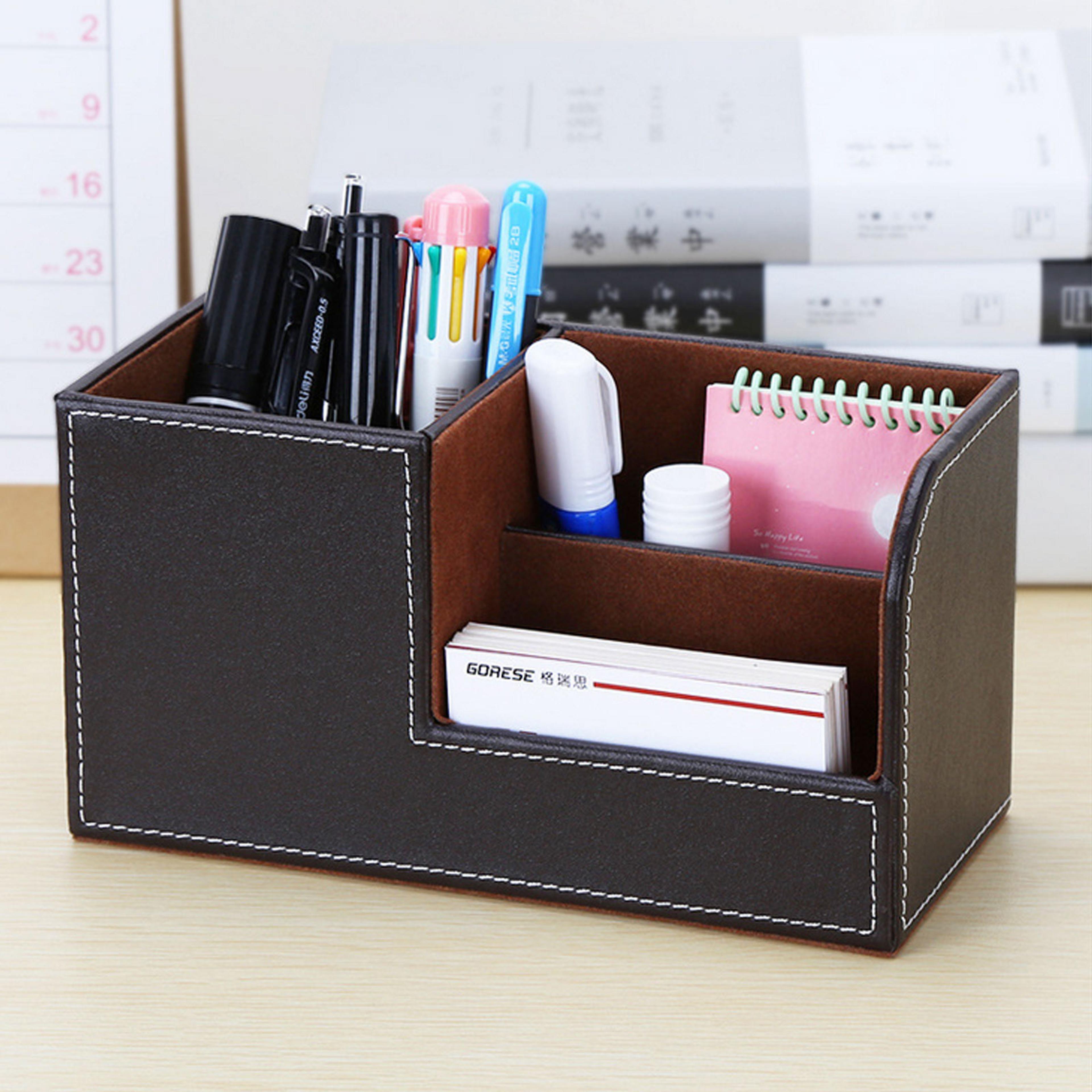 High Grade Leather Desk Organizer Pencil Pen Holder Caddy Storage Box With 3 C For Home Office And  1