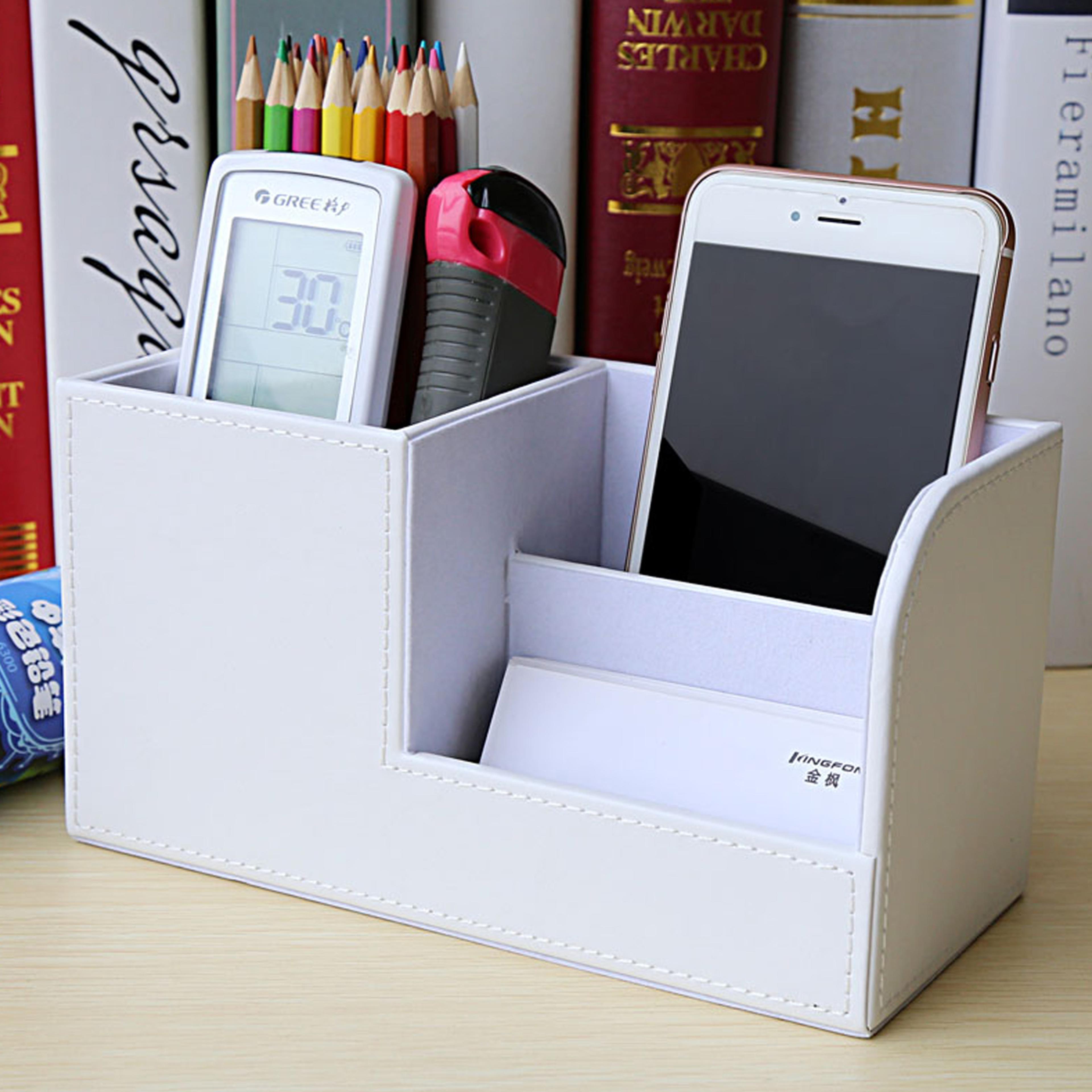 High Grade Leather Desk Organizer Pencil Pen Holder Caddy Storage Box With 3 C For Home Office And  2