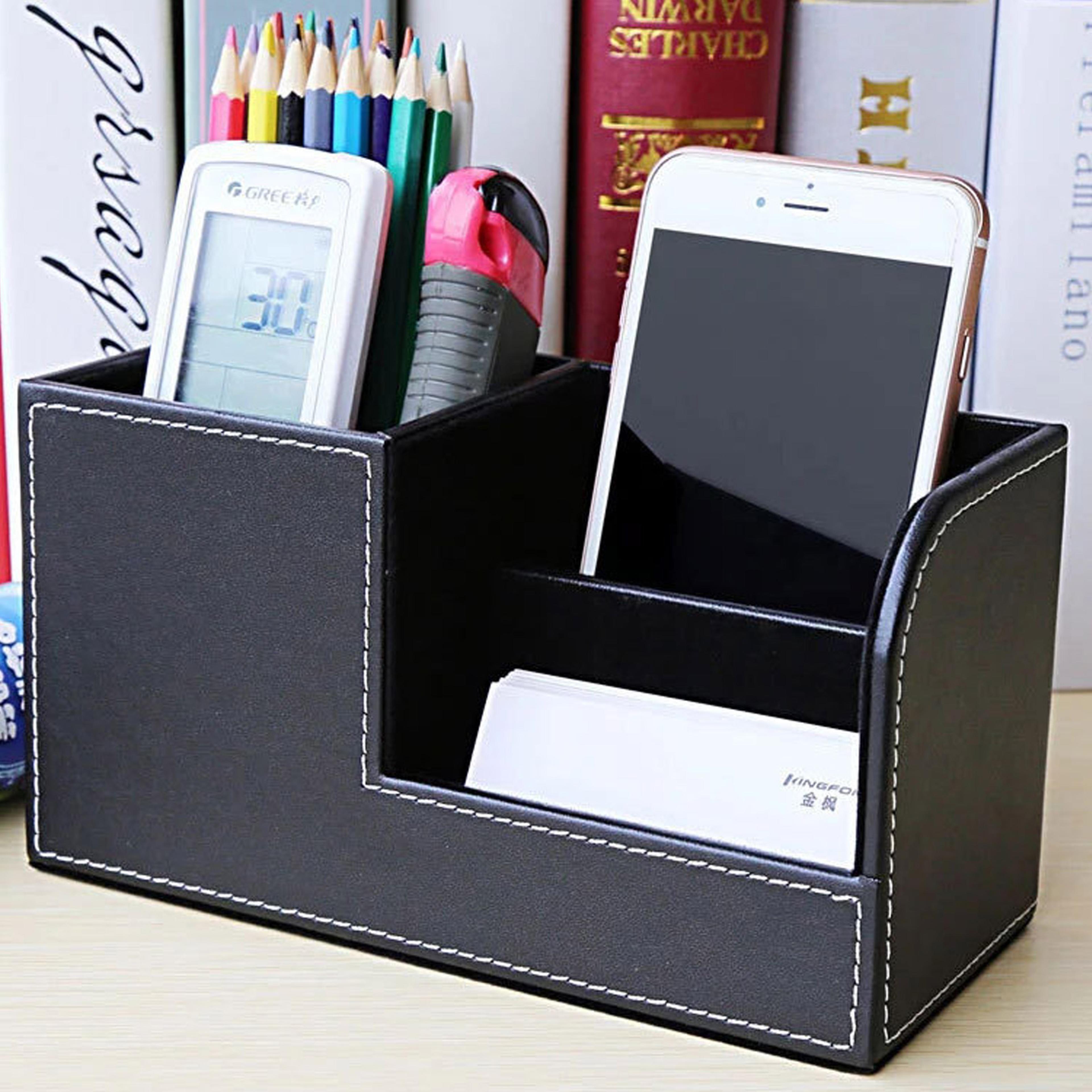 High Grade Leather Desk Organizer Pencil Pen Holder Caddy Storage Box With 3 C For Home Office And  3